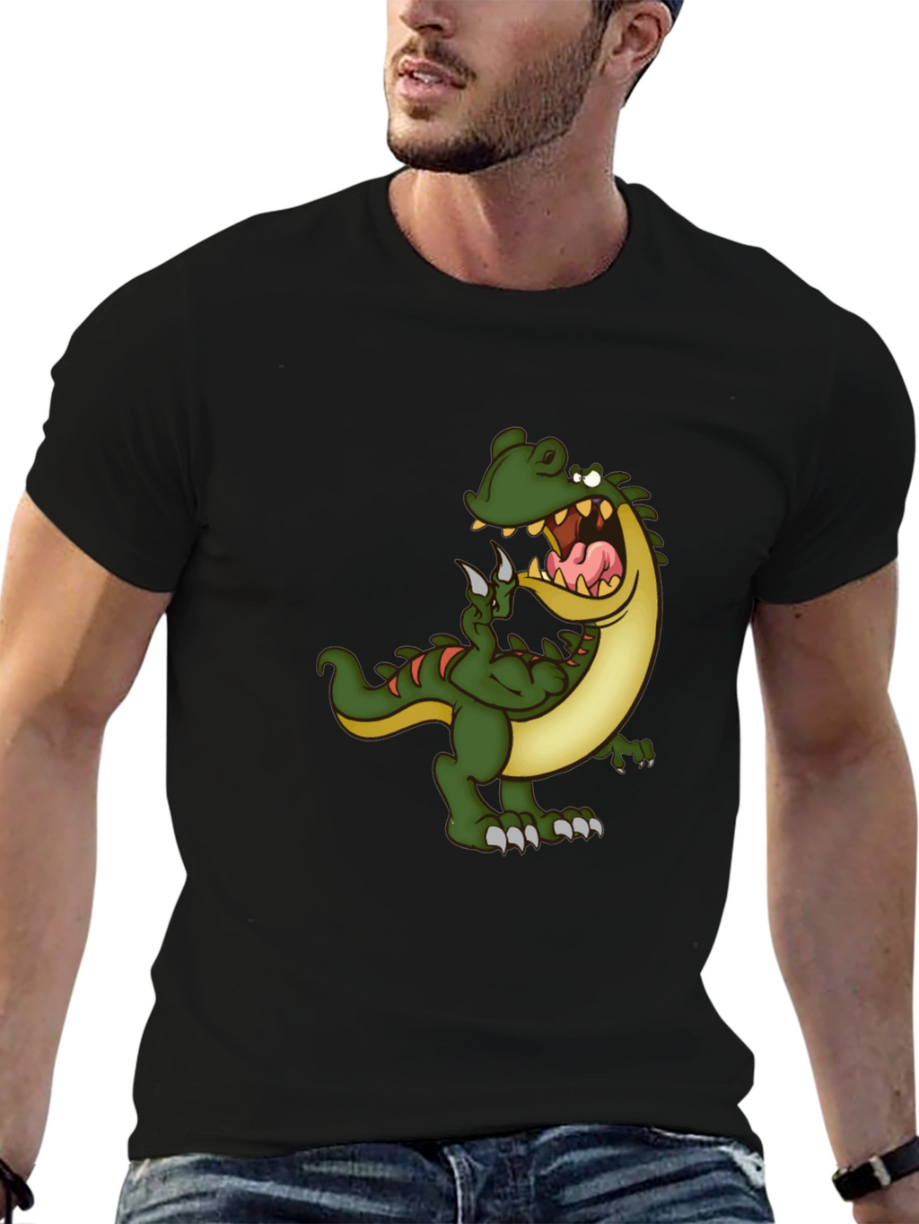 Mens Black T-Shirt with Cartoon Dinosaur Graphic