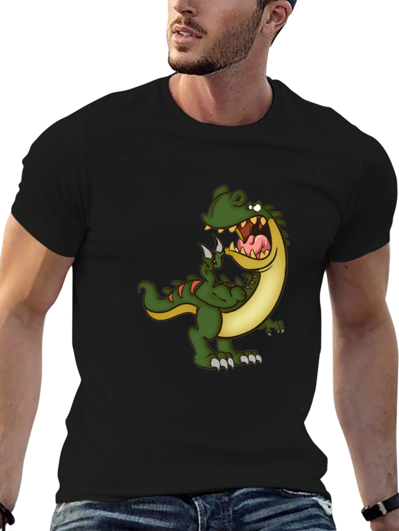 Mens Black T-Shirt with Cartoon Dinosaur Graphic