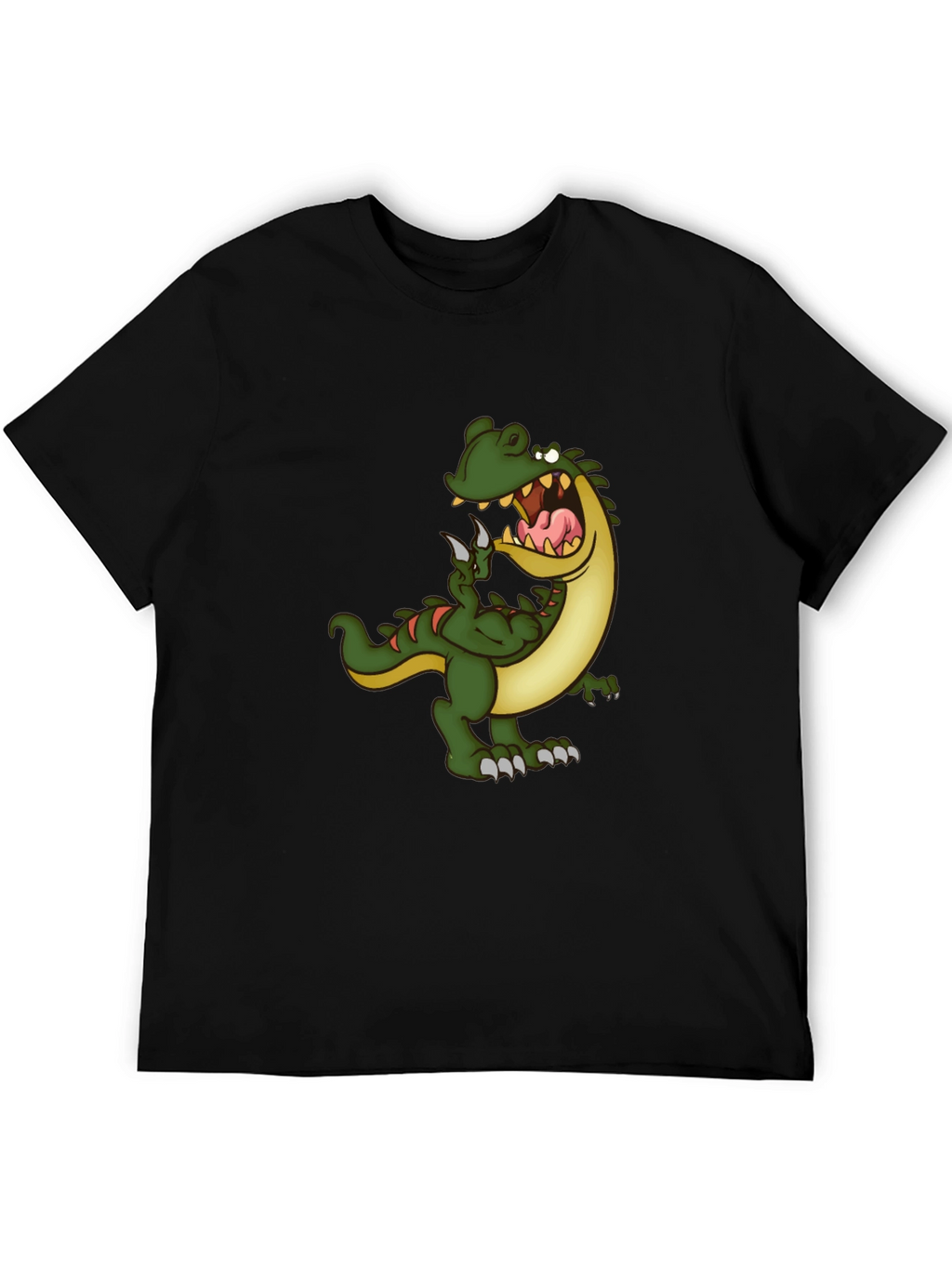 Mens Black T-Shirt with Cartoon Dinosaur Graphic