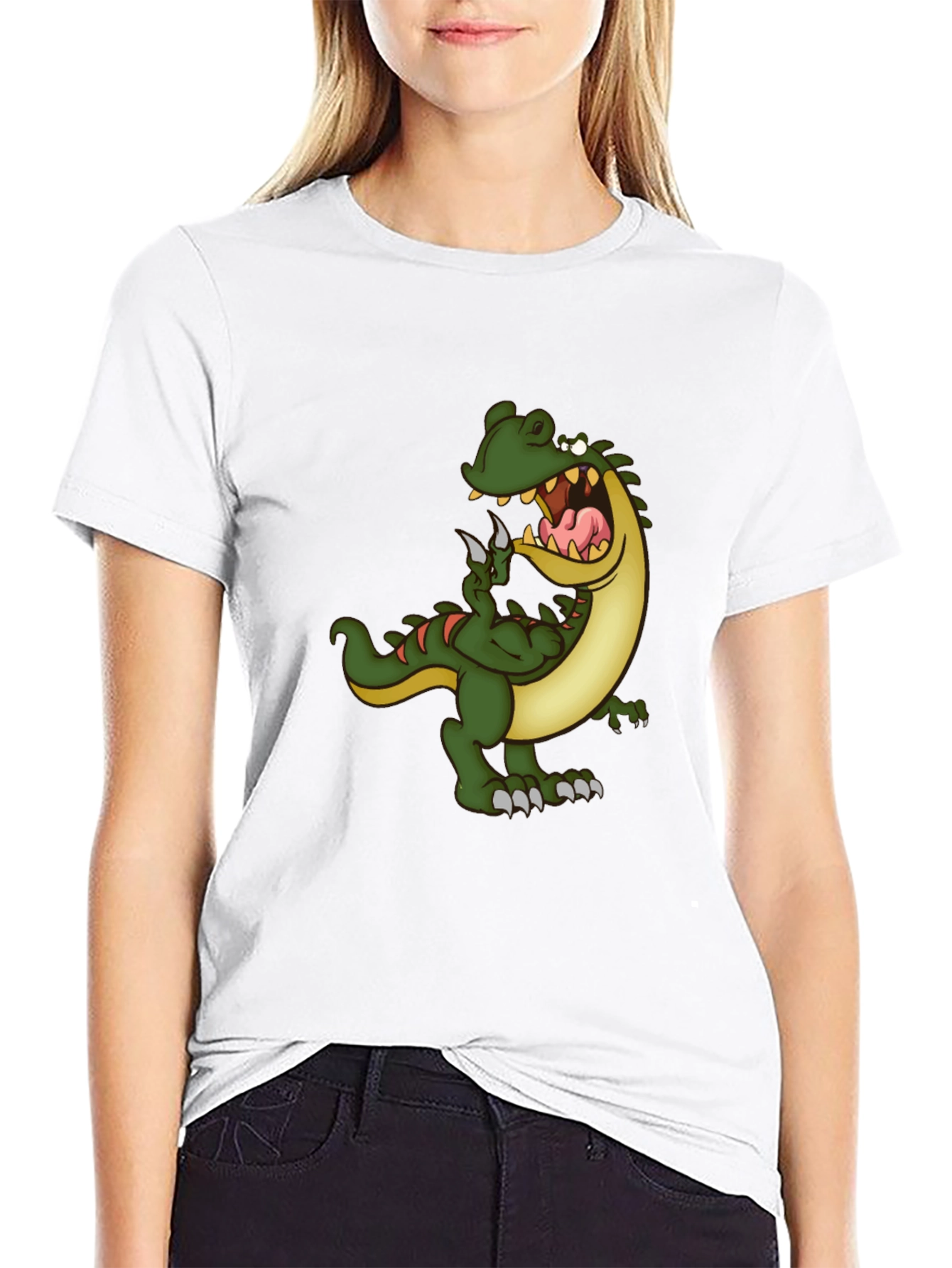 Mens Black T-Shirt with Cartoon Dinosaur Graphic