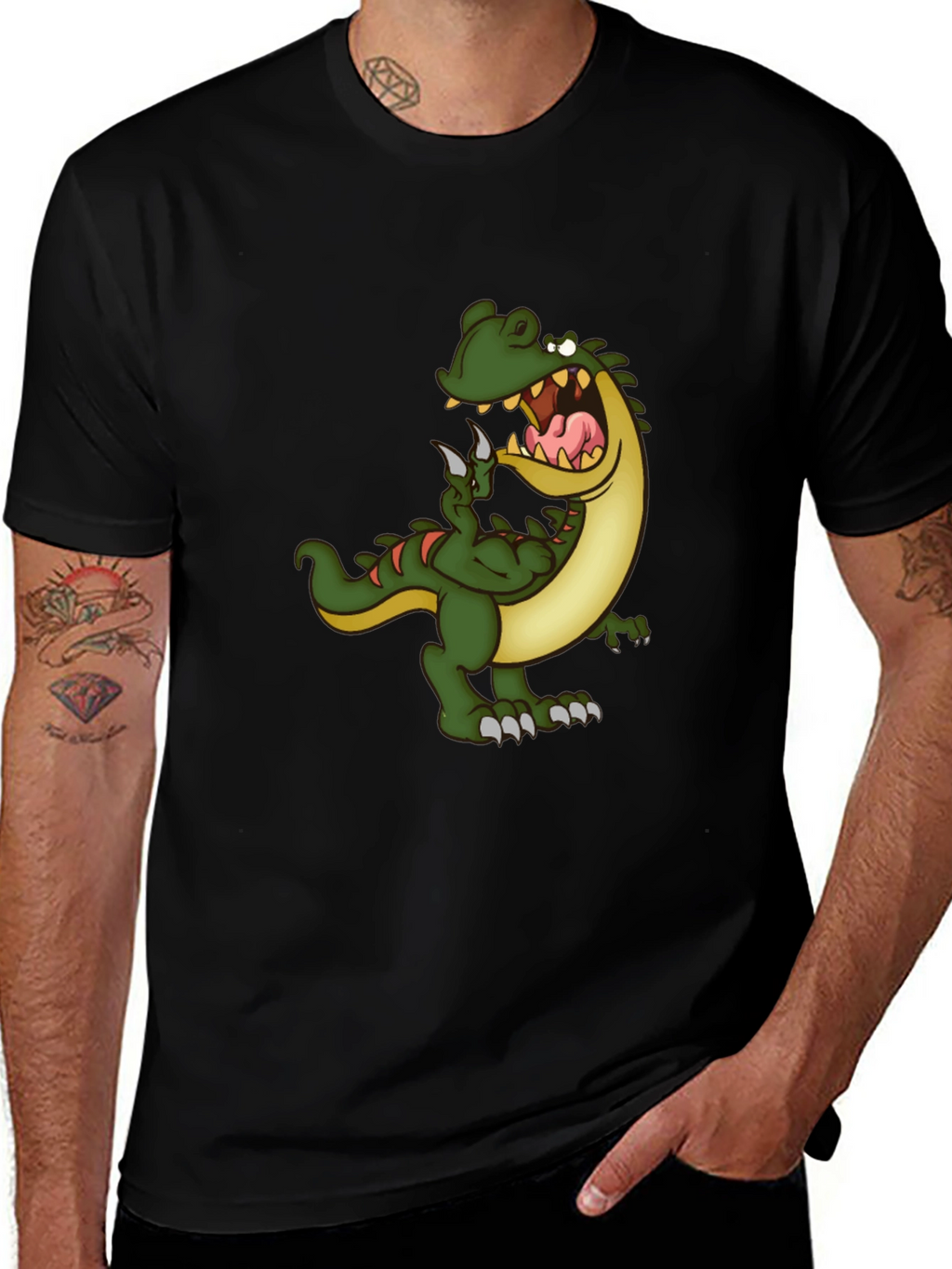 Mens Black T-Shirt with Cartoon Dinosaur Graphic