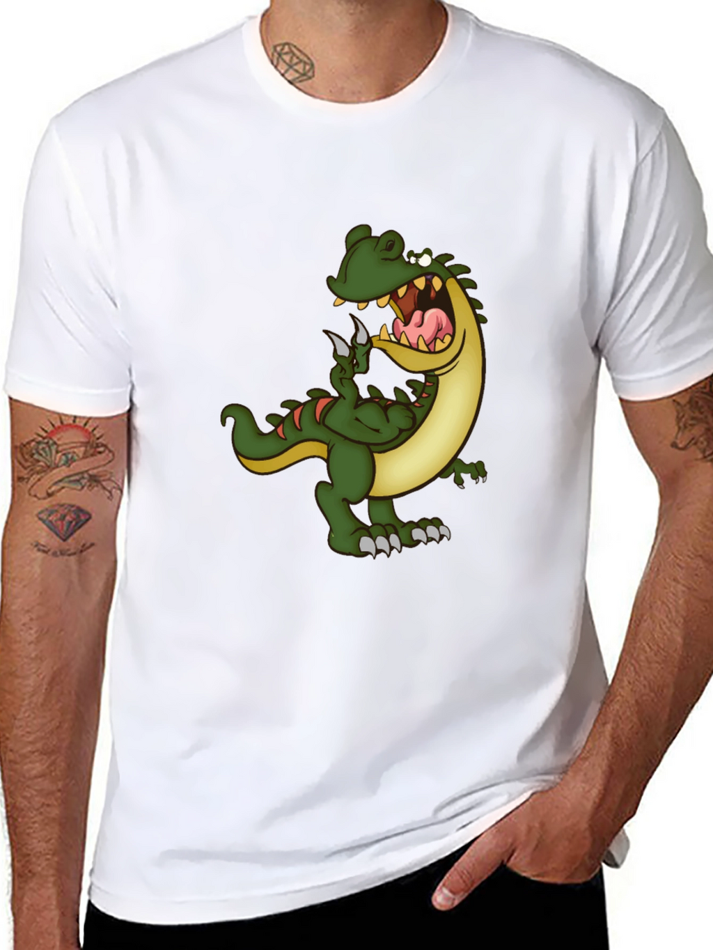 Mens Black T-Shirt with Cartoon Dinosaur Graphic
