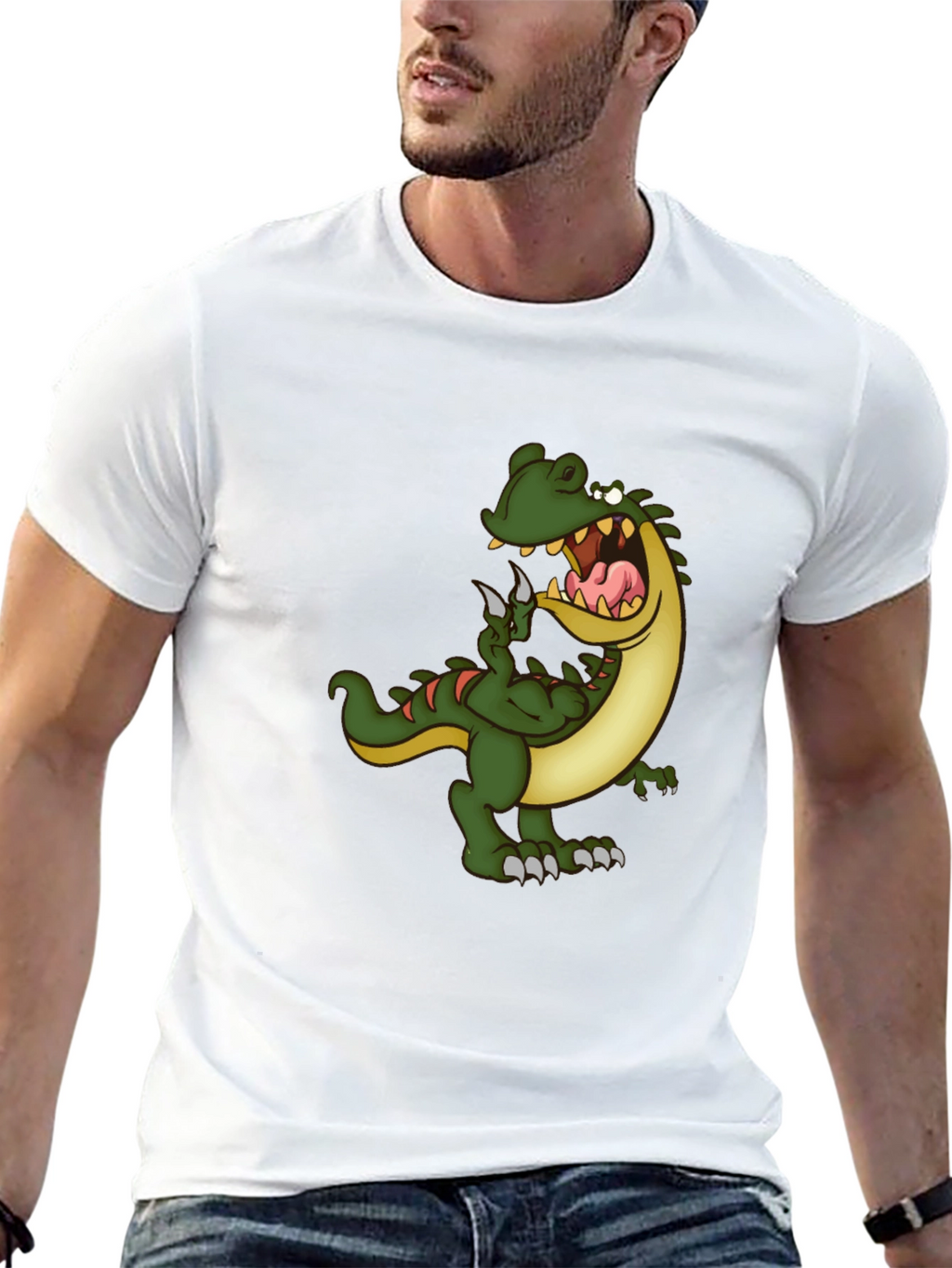 Mens Black T-Shirt with Cartoon Dinosaur Graphic
