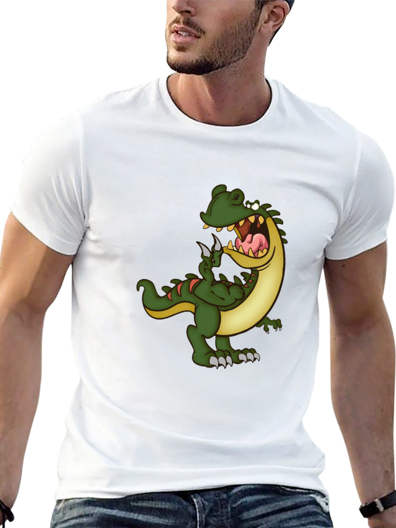 Mens Black T-Shirt with Cartoon Dinosaur Graphic