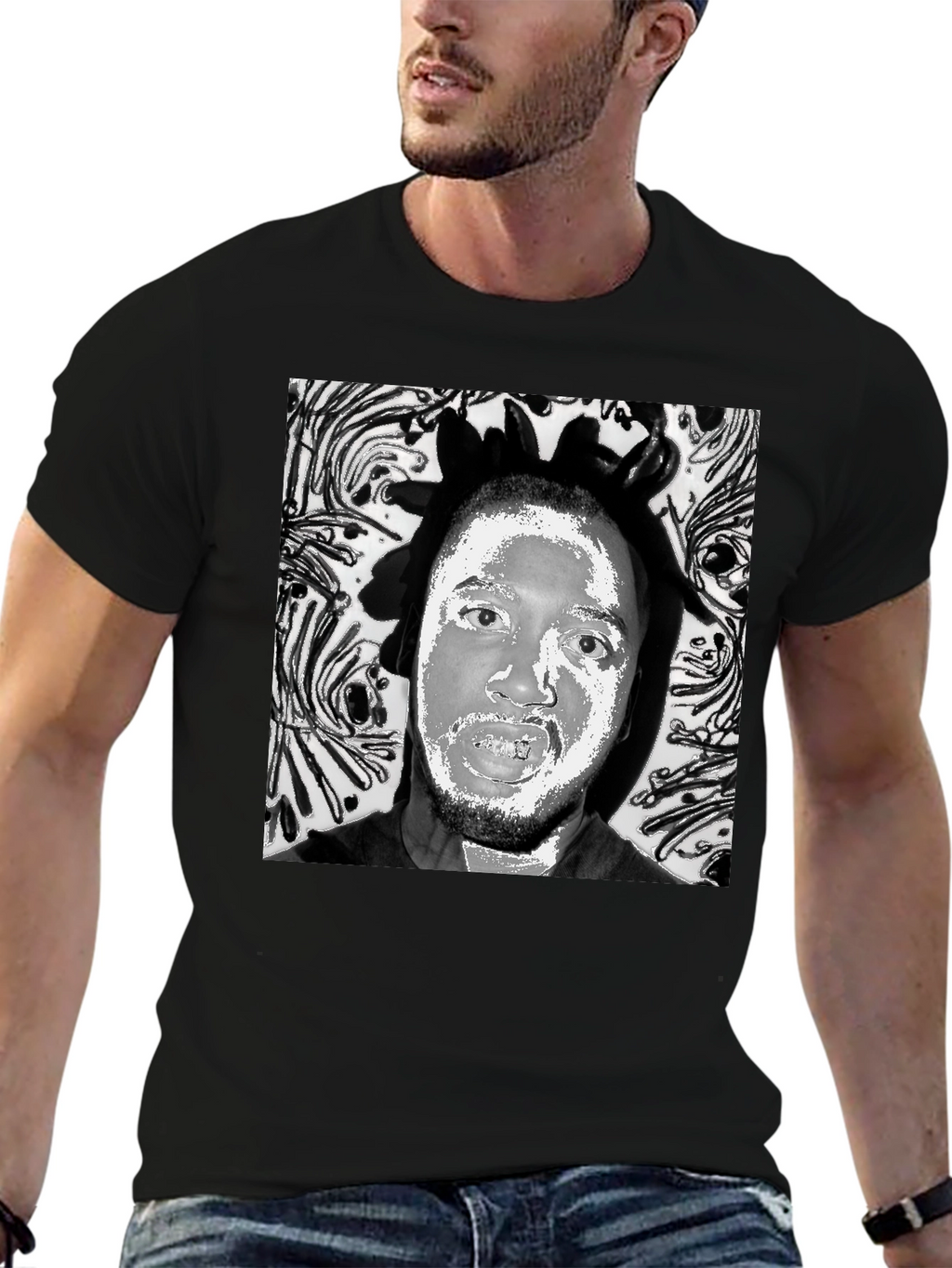 Black T-Shirt with Artistic Face Graphic