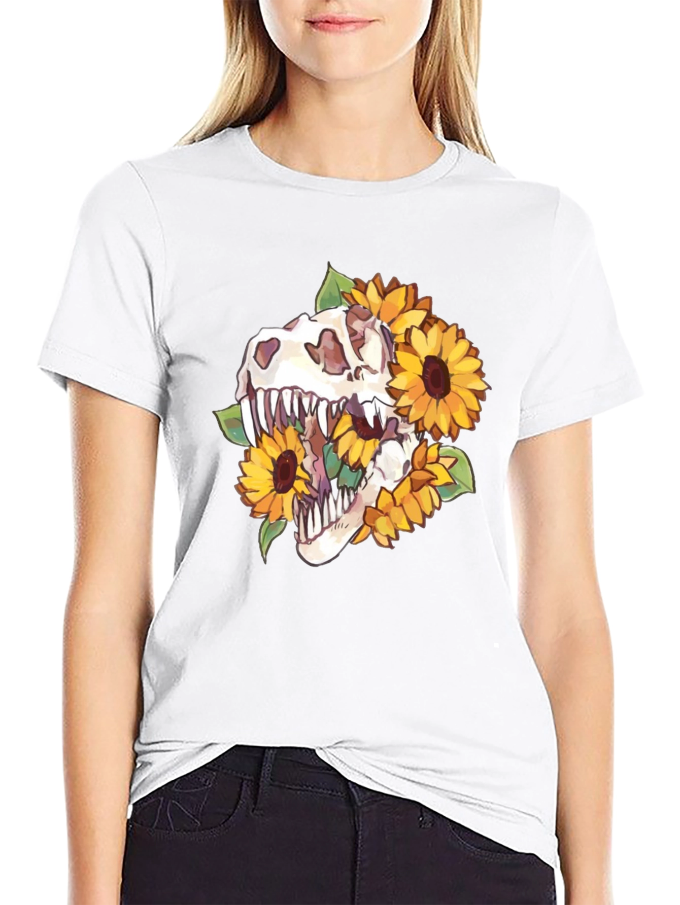Dino Skull Sunflower Graphic Tee - Black