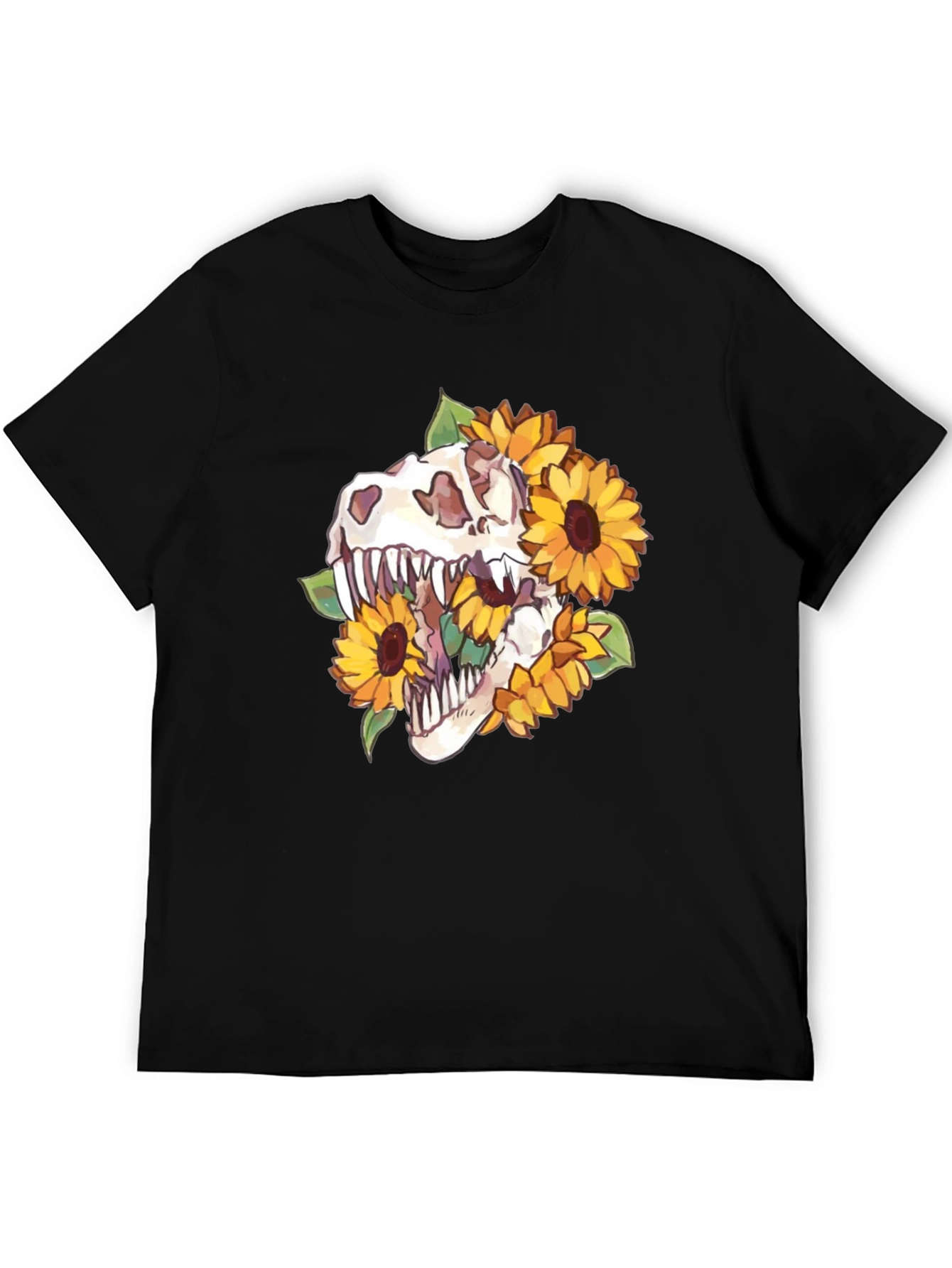 Dino Skull Sunflower Graphic Tee - Black