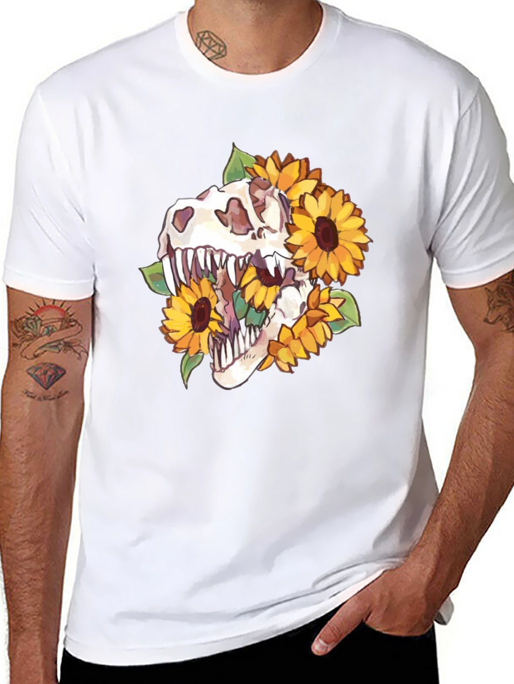 Dino Skull Sunflower Graphic Tee - Black