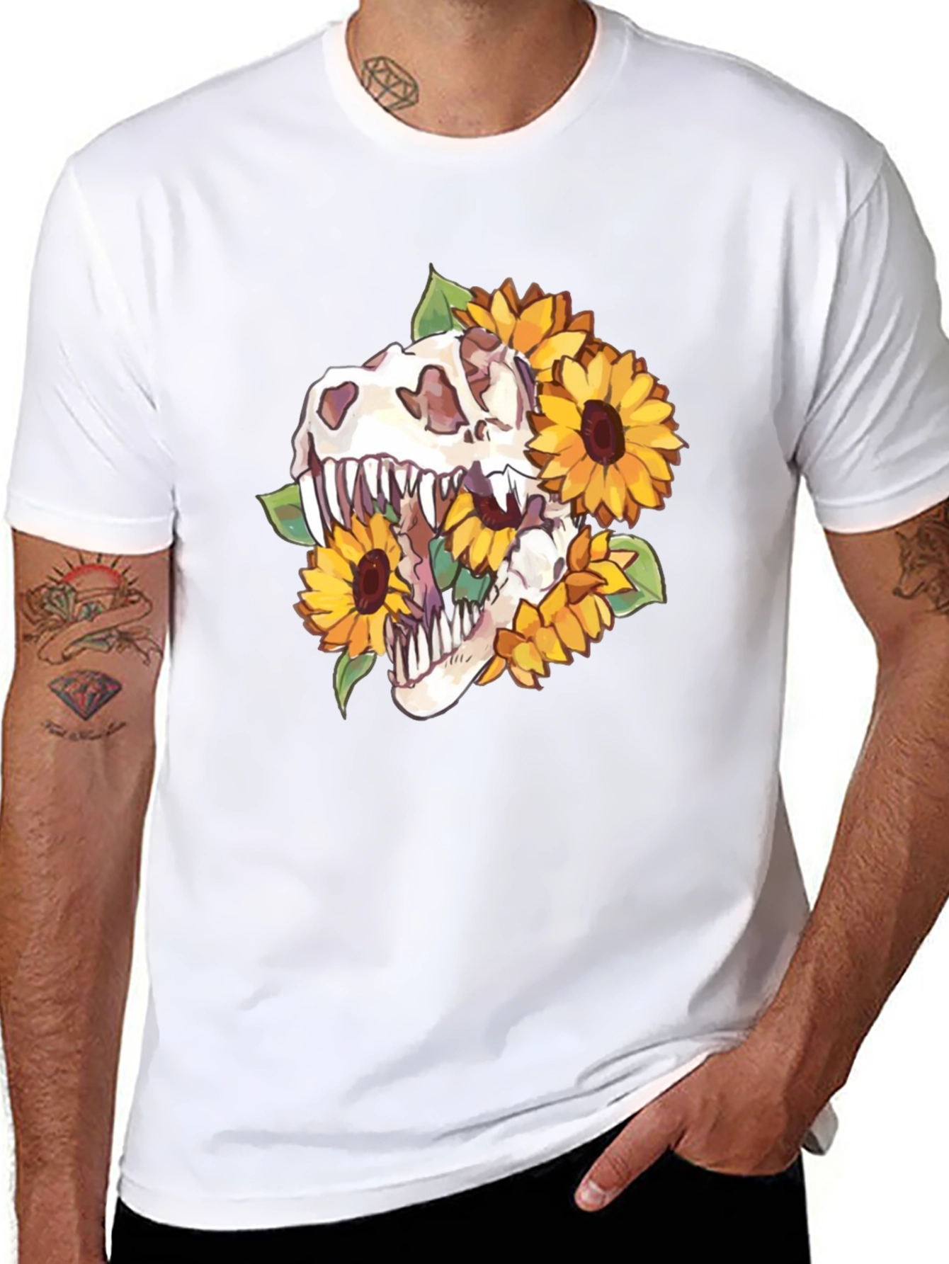 Dino Skull Sunflower Graphic Tee - Black