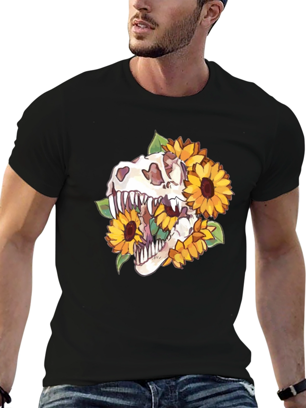 Dino Skull Sunflower Graphic Tee - Black