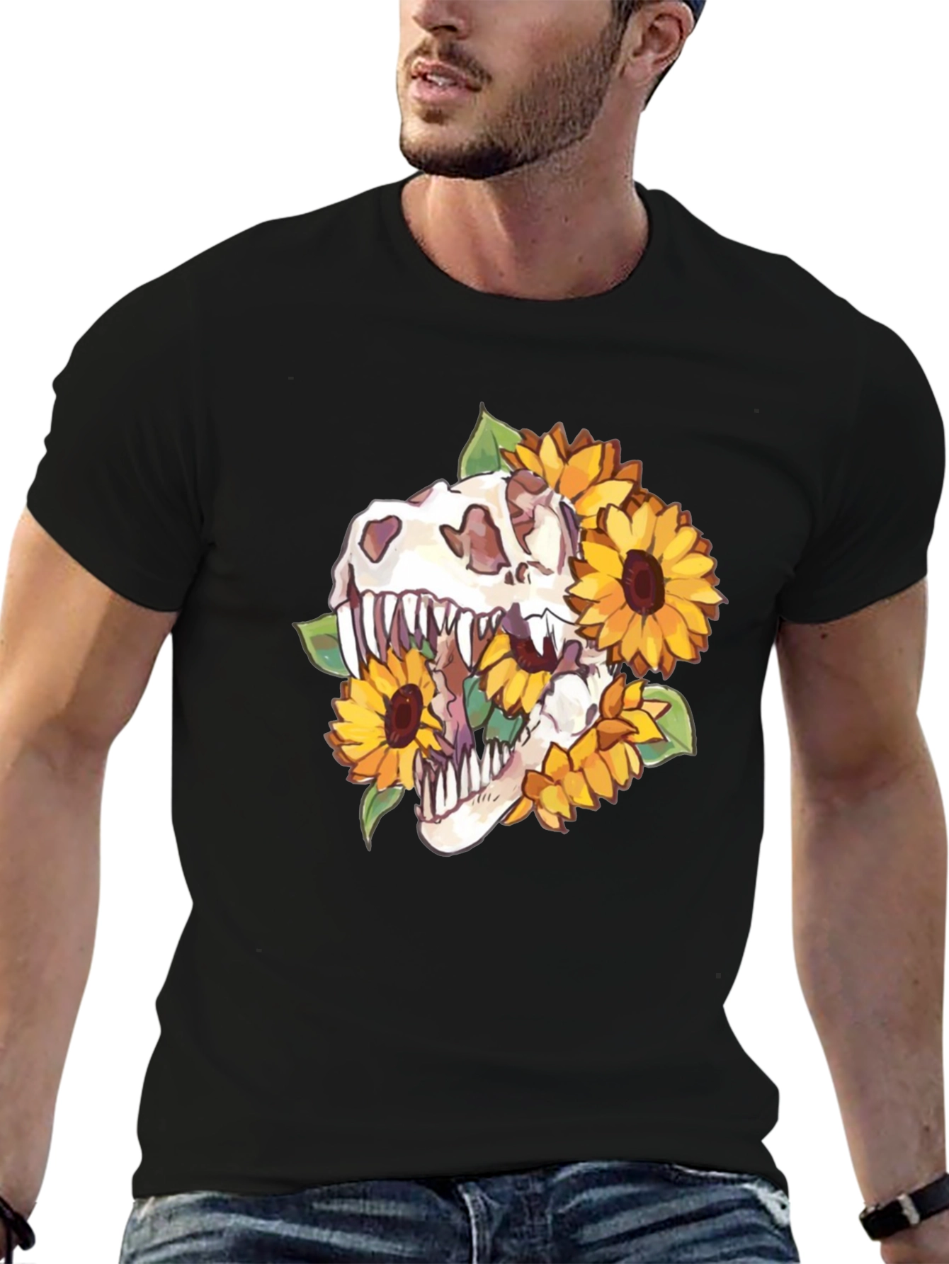 Dino Skull Sunflower Graphic Tee - Black