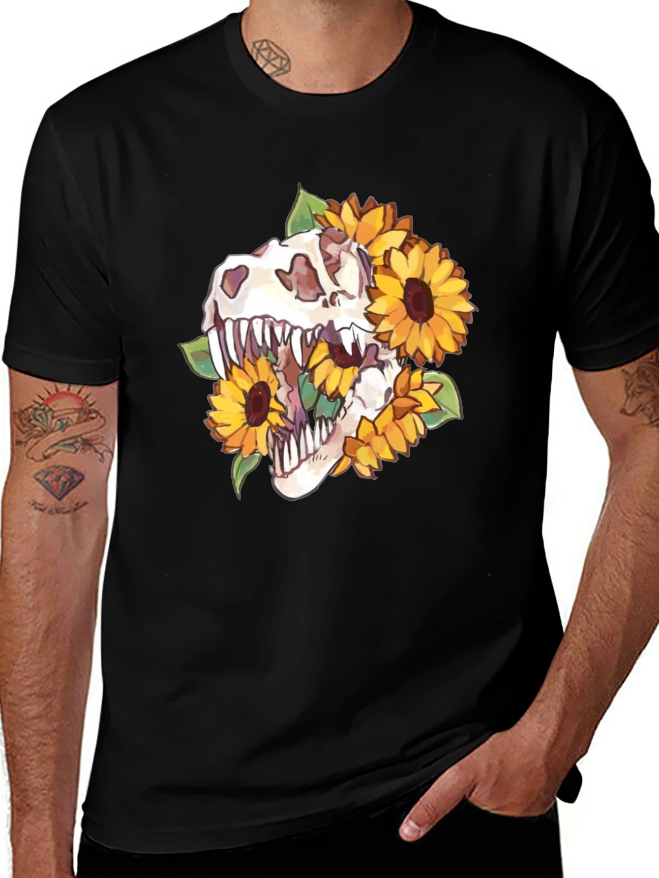 Dino Skull Sunflower Graphic Tee - Black