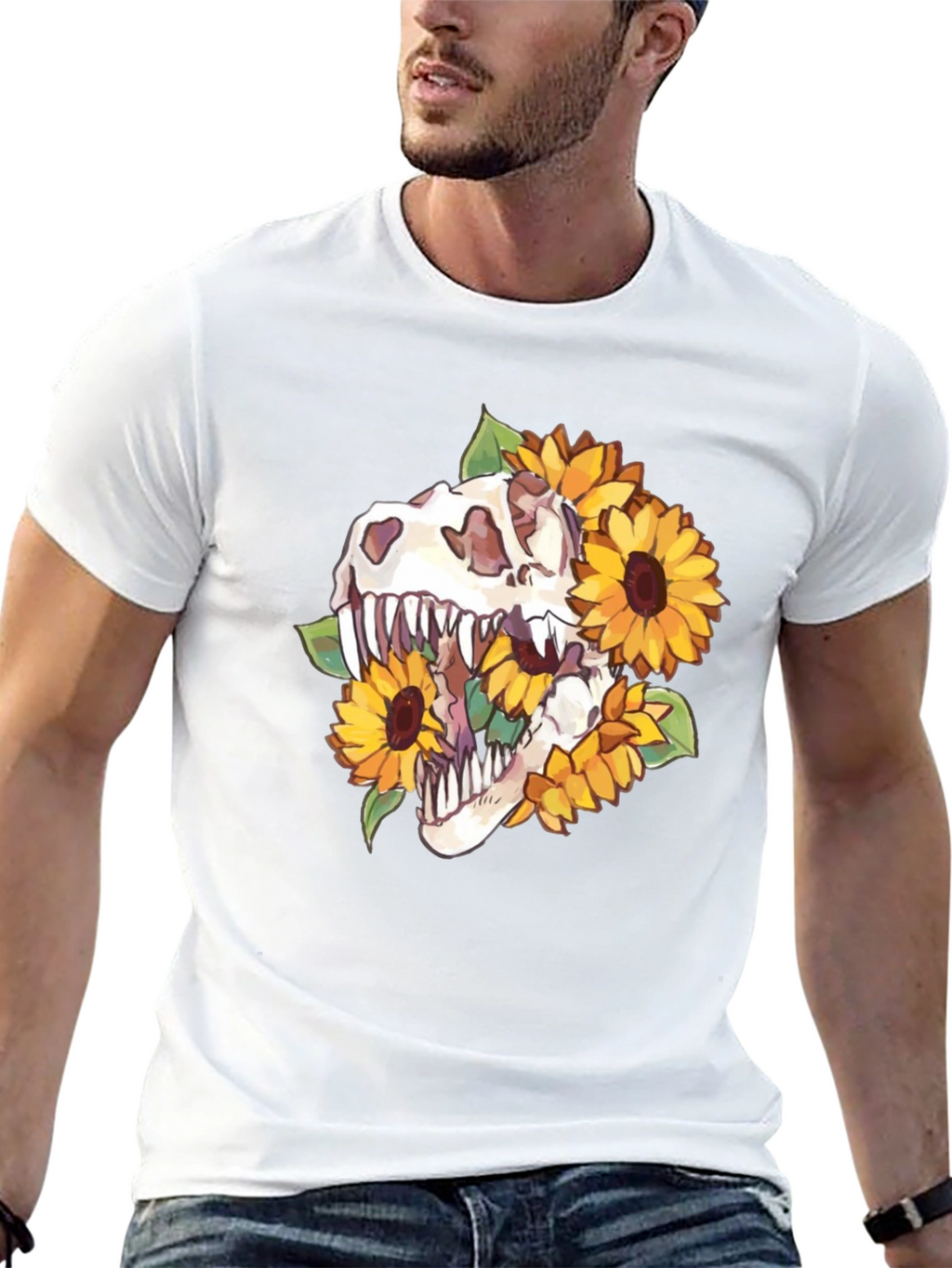 Dino Skull Sunflower Graphic Tee - Black