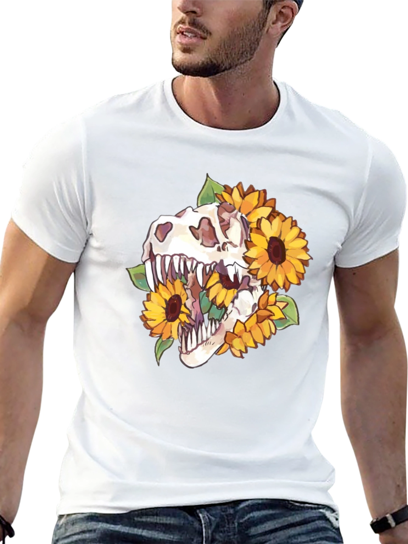 Dino Skull Sunflower Graphic Tee - Black