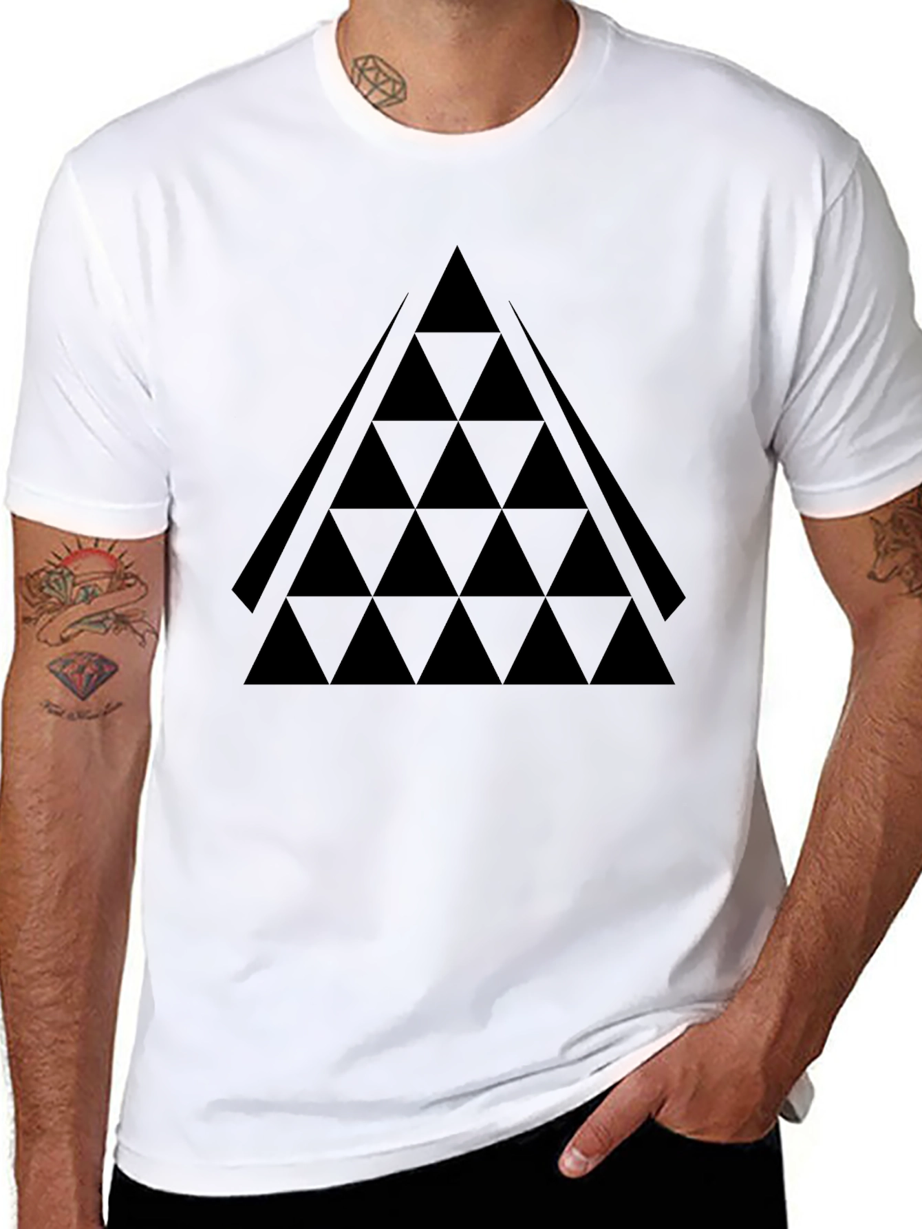 Geometric Triangle Pattern Tee - Black Cotton Blend