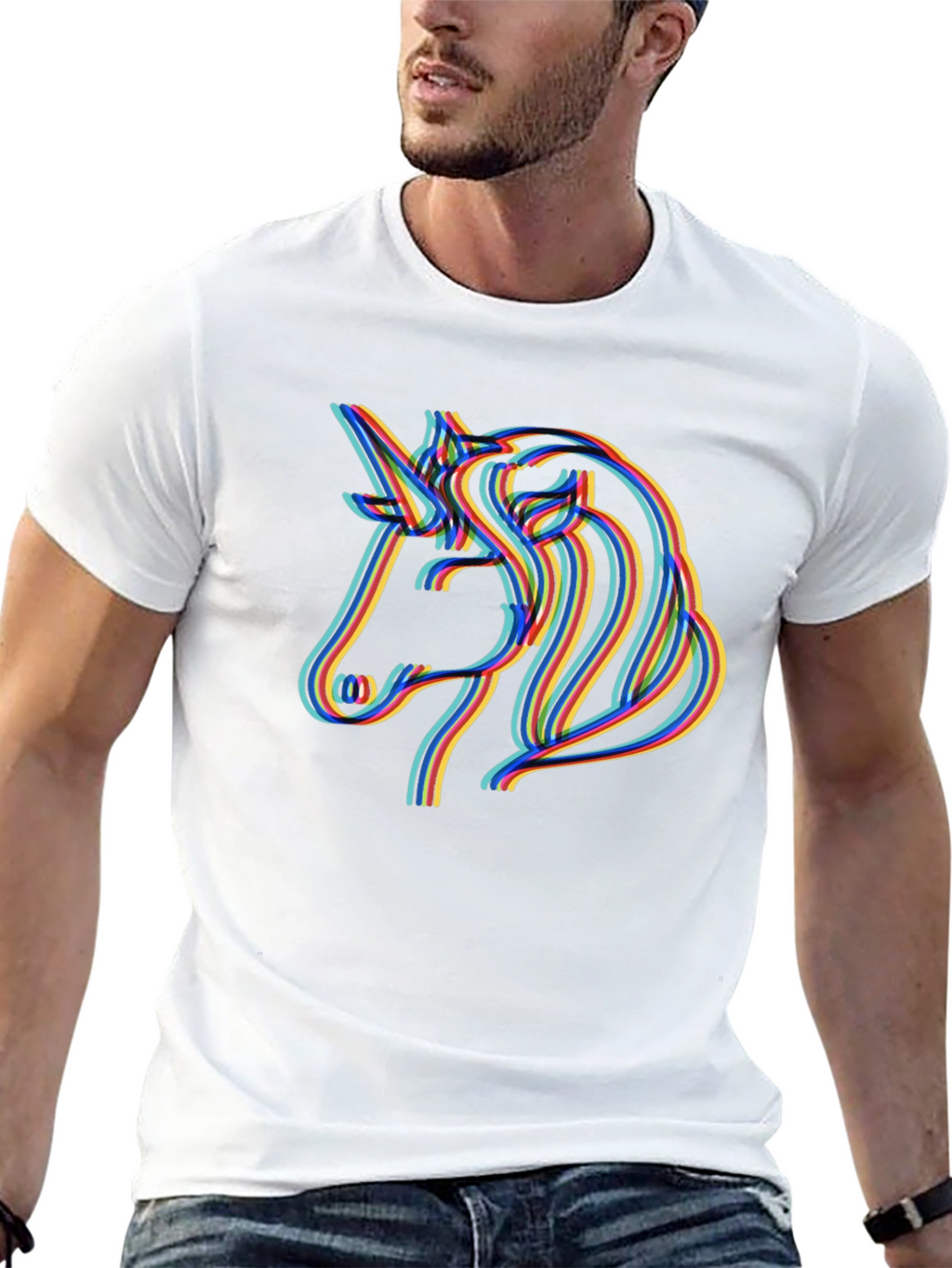Unicorn Rainbow Line Art Black T-Shirt