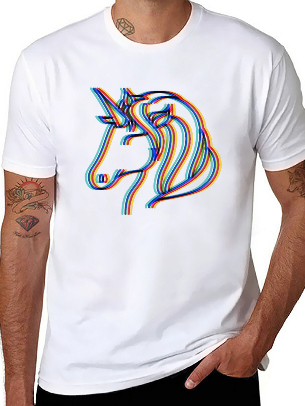 Unicorn Rainbow Line Art Black T-Shirt