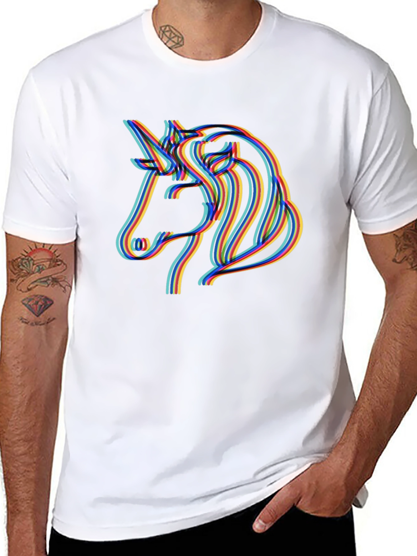 Unicorn Rainbow Line Art Black T-Shirt