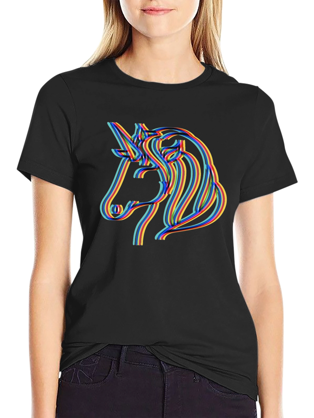 Unicorn Rainbow Line Art Black T-Shirt