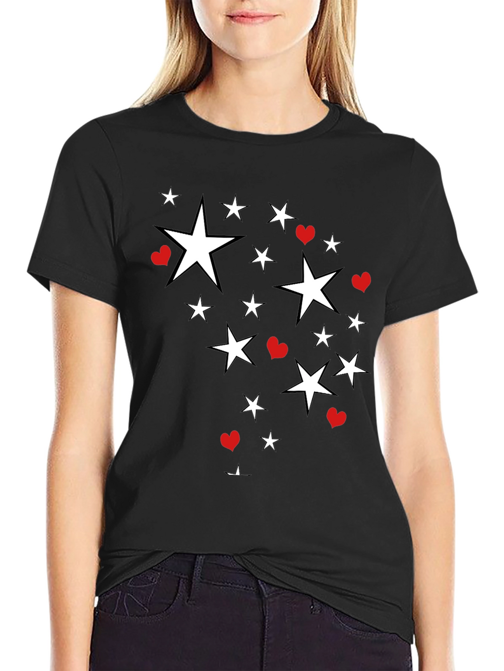 Star & Heart Graphic Print Black T-Shirt