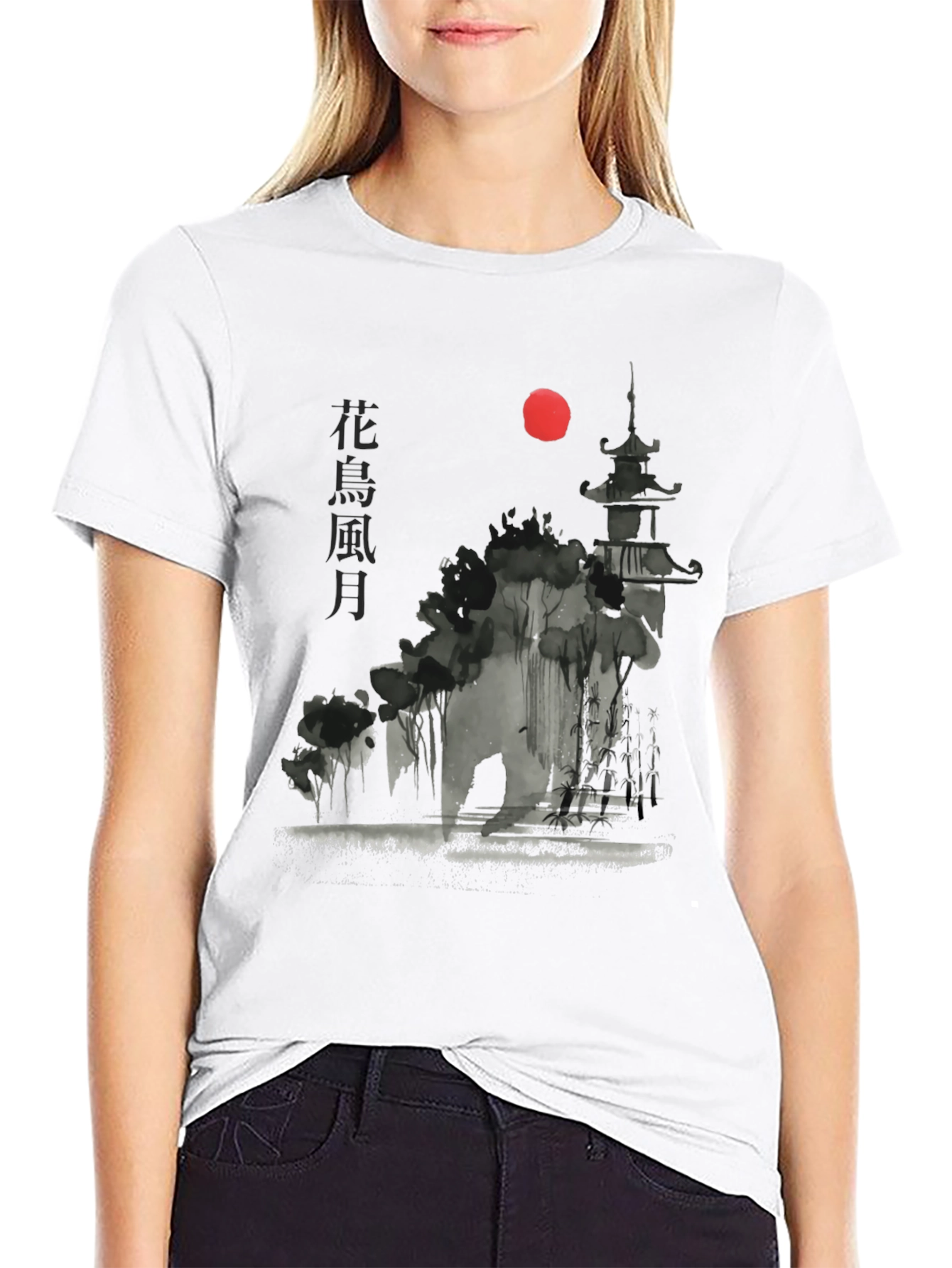 Japanese Pagoda Sunset Graphic Tee - Black Cotton T-Shirt