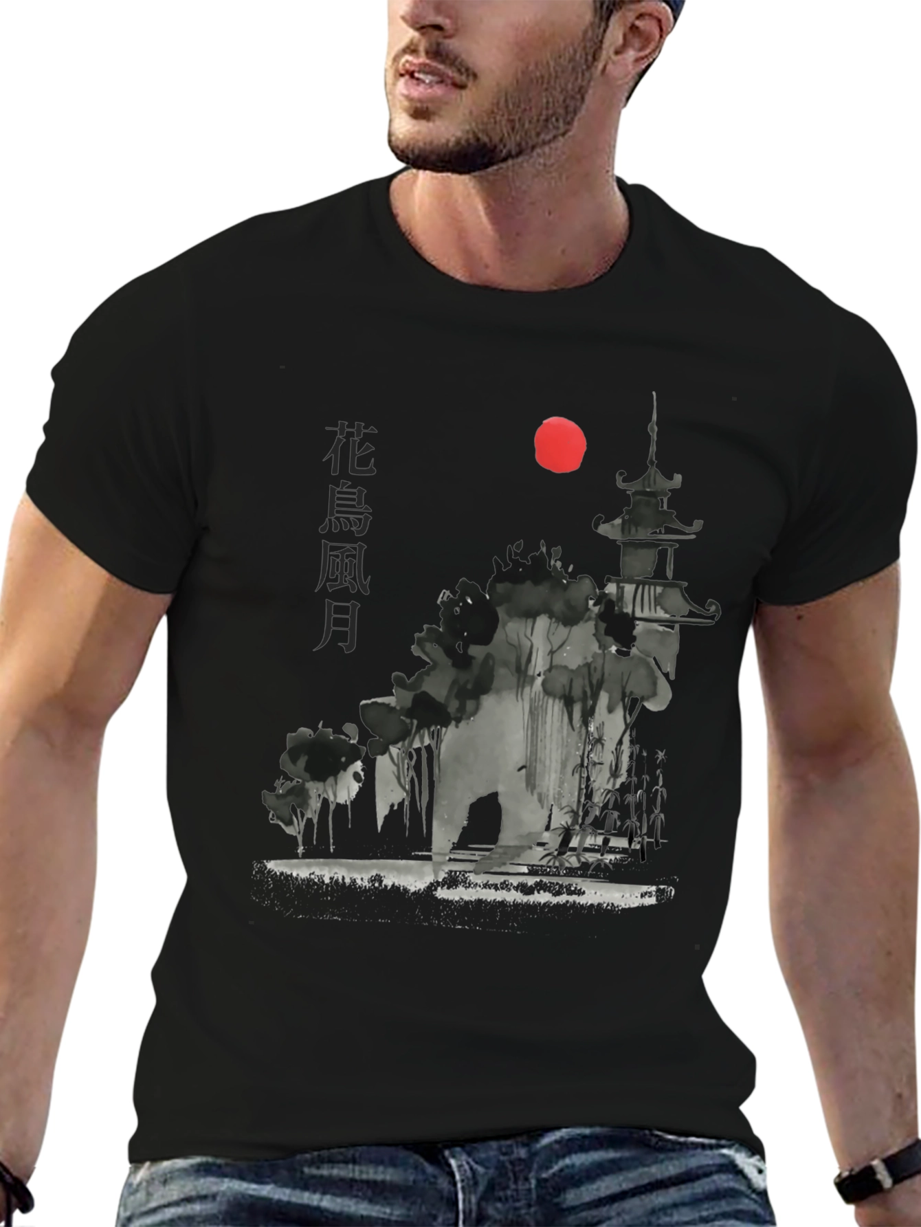 Japanese Pagoda Sunset Graphic Tee - Black Cotton T-Shirt