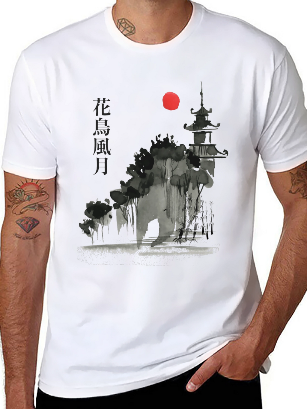 Japanese Pagoda Sunset Graphic Tee - Black Cotton T-Shirt