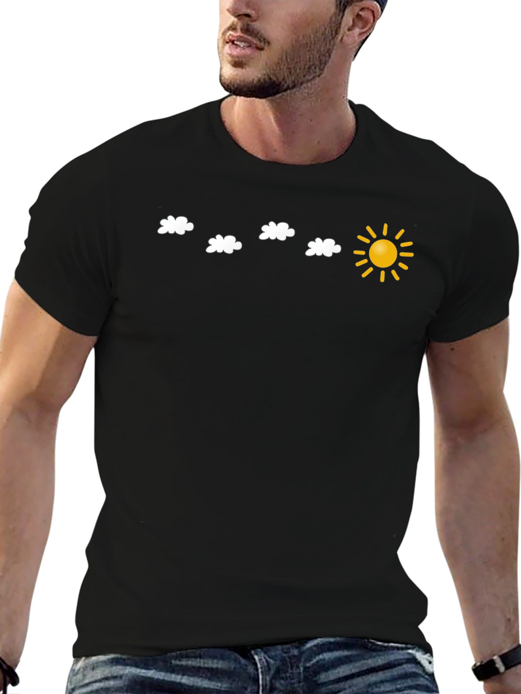 Black T-Shirt with Sun and Cloud Design