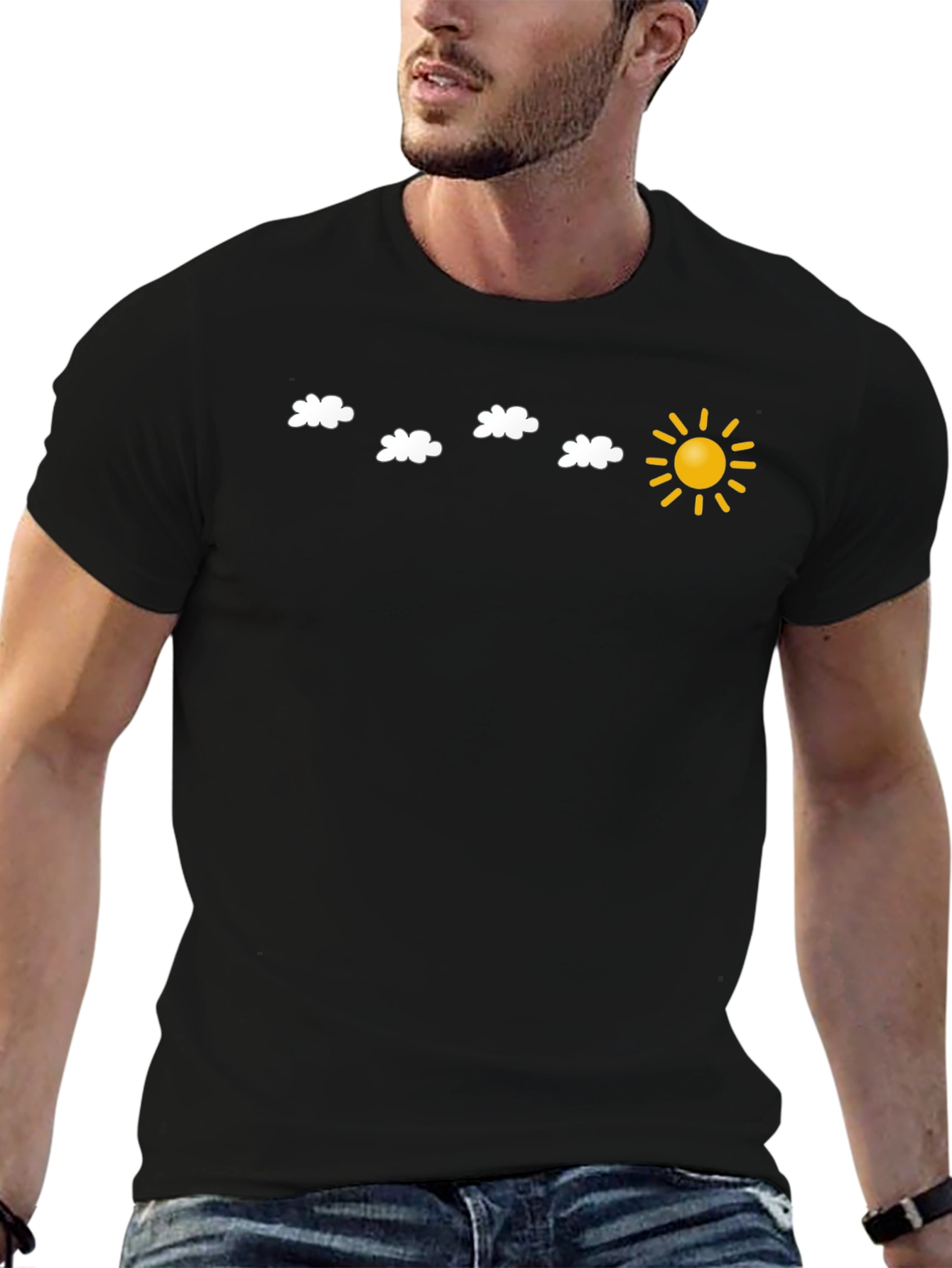 Black T-Shirt with Sun and Cloud Design