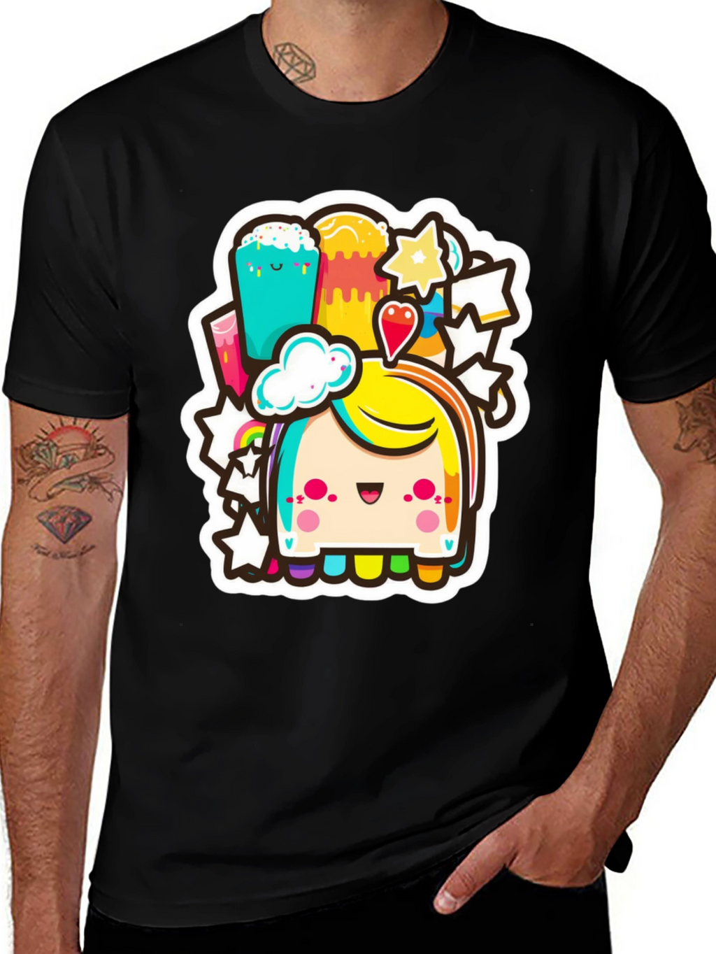 Kawaii Rainbow Creature Black Tee
