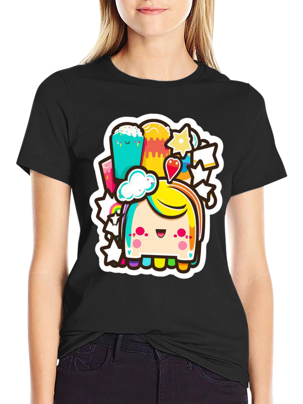 Kawaii Rainbow Creature Black Tee