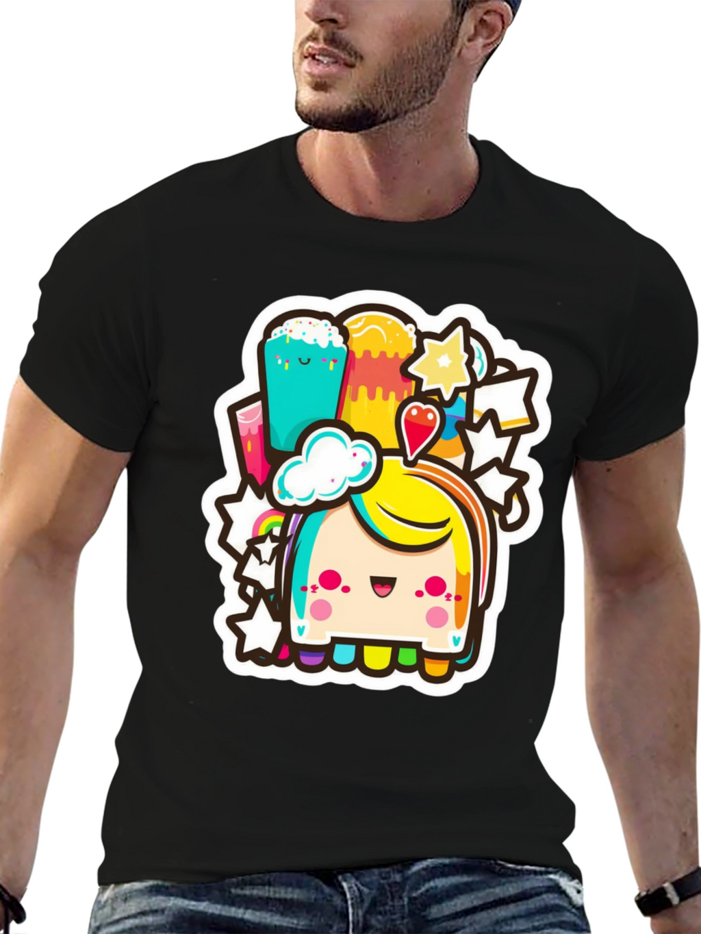 Kawaii Rainbow Creature Black Tee