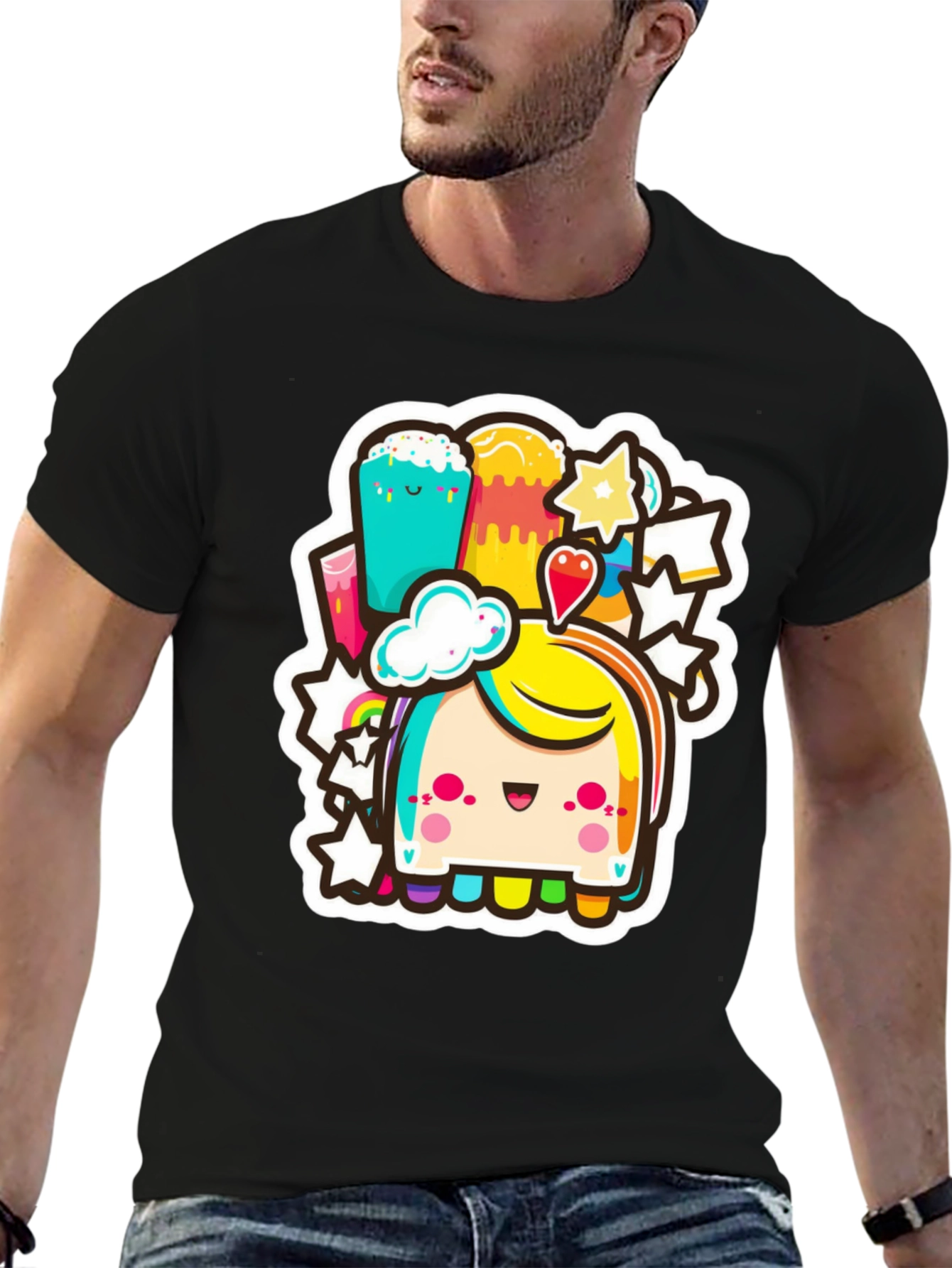 Kawaii Rainbow Creature Black Tee