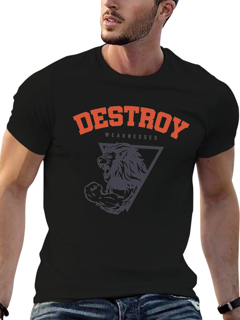 Destroy Weaknesses Lion Graphic T-Shirt - Black