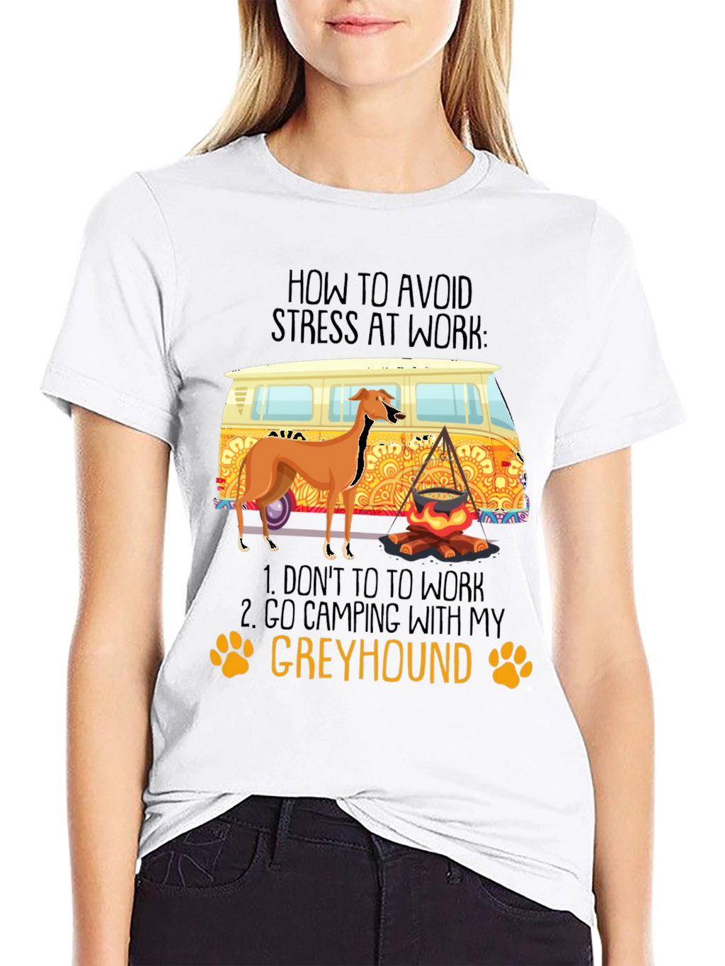 Greyhound Camping T-Shirt - Avoid Work Stress!