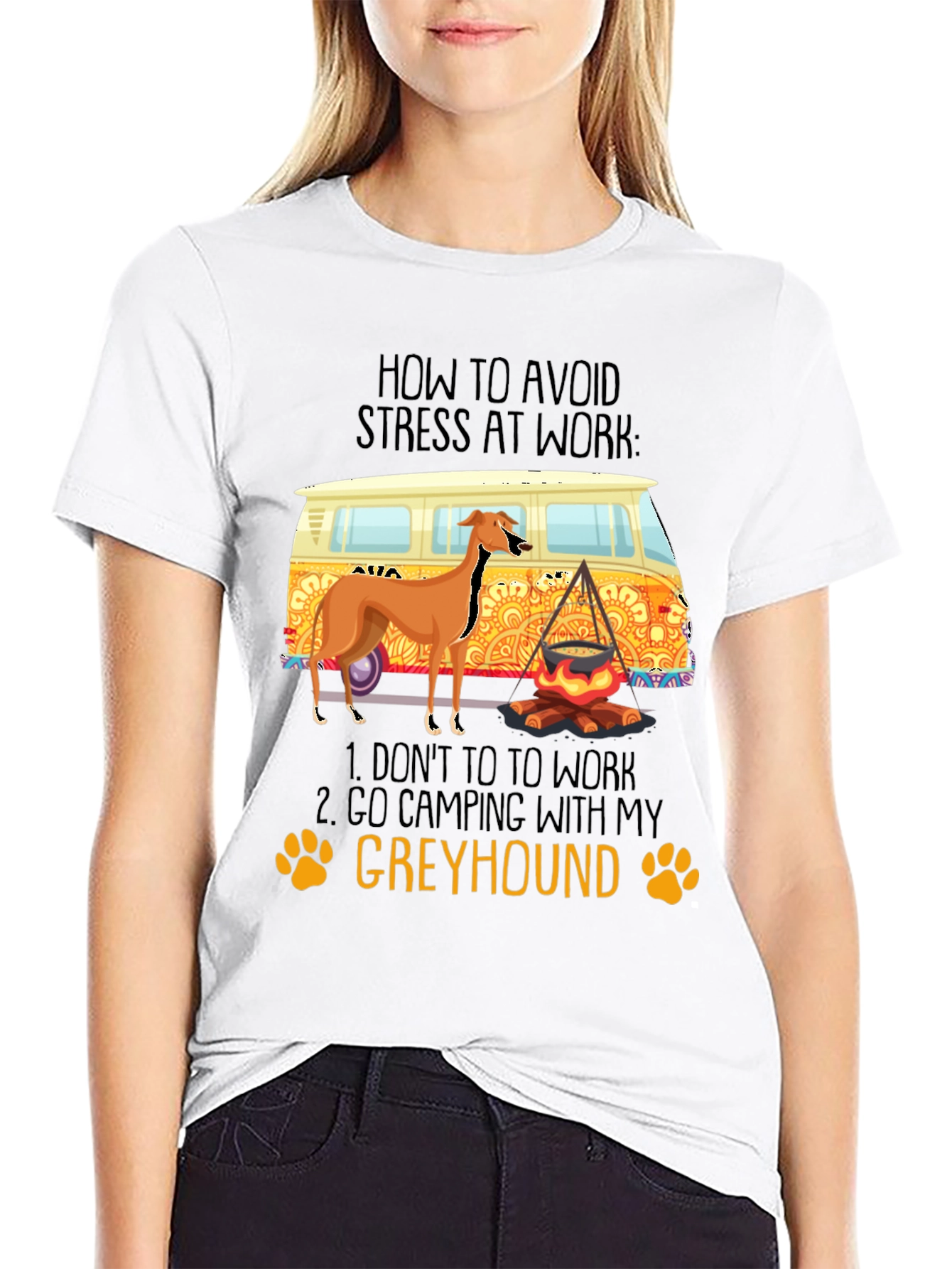 Greyhound Camping T-Shirt - Avoid Work Stress!