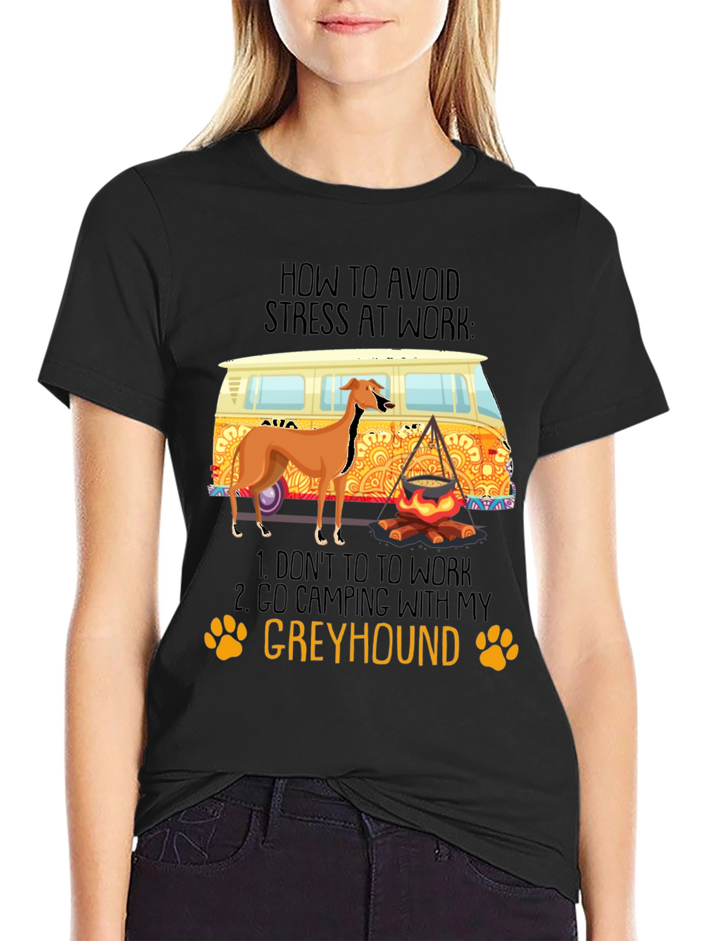 Greyhound Camping T-Shirt - Avoid Work Stress!