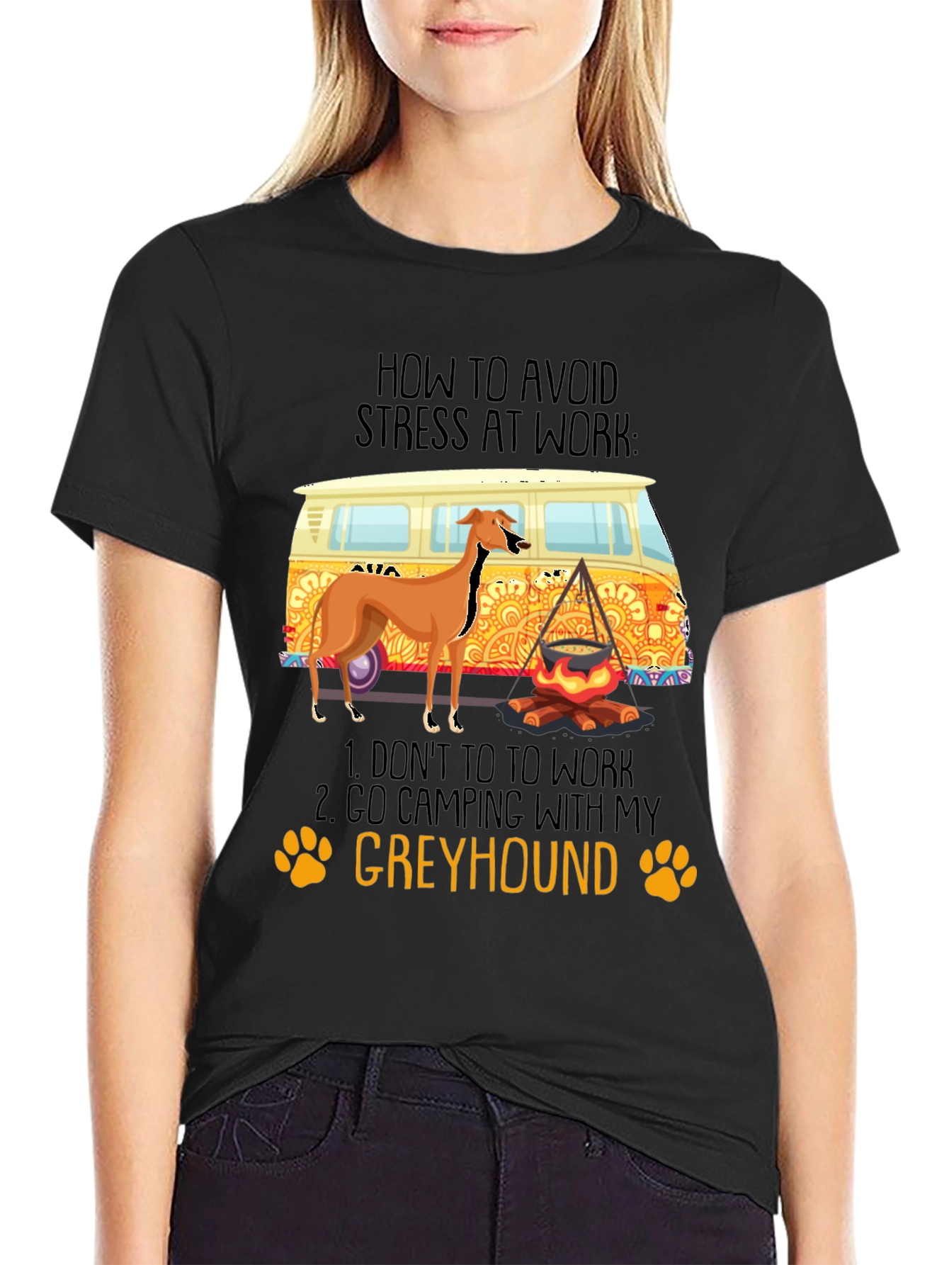 Greyhound Camping T-Shirt - Avoid Work Stress!
