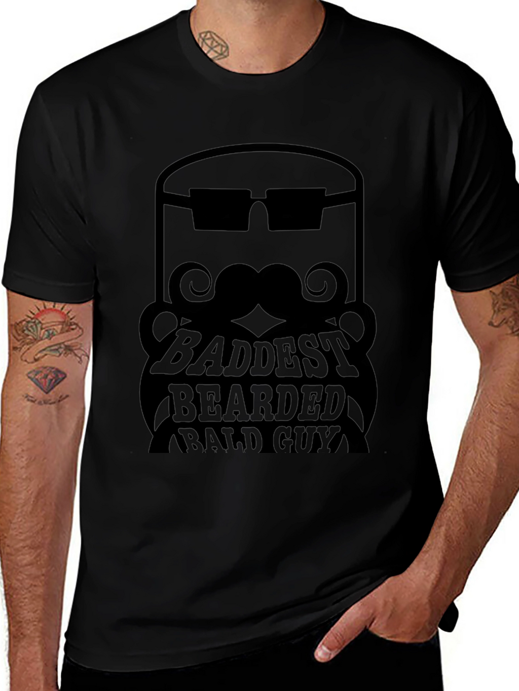 Baddest Bearded Bald Guy Black Graphic Tee