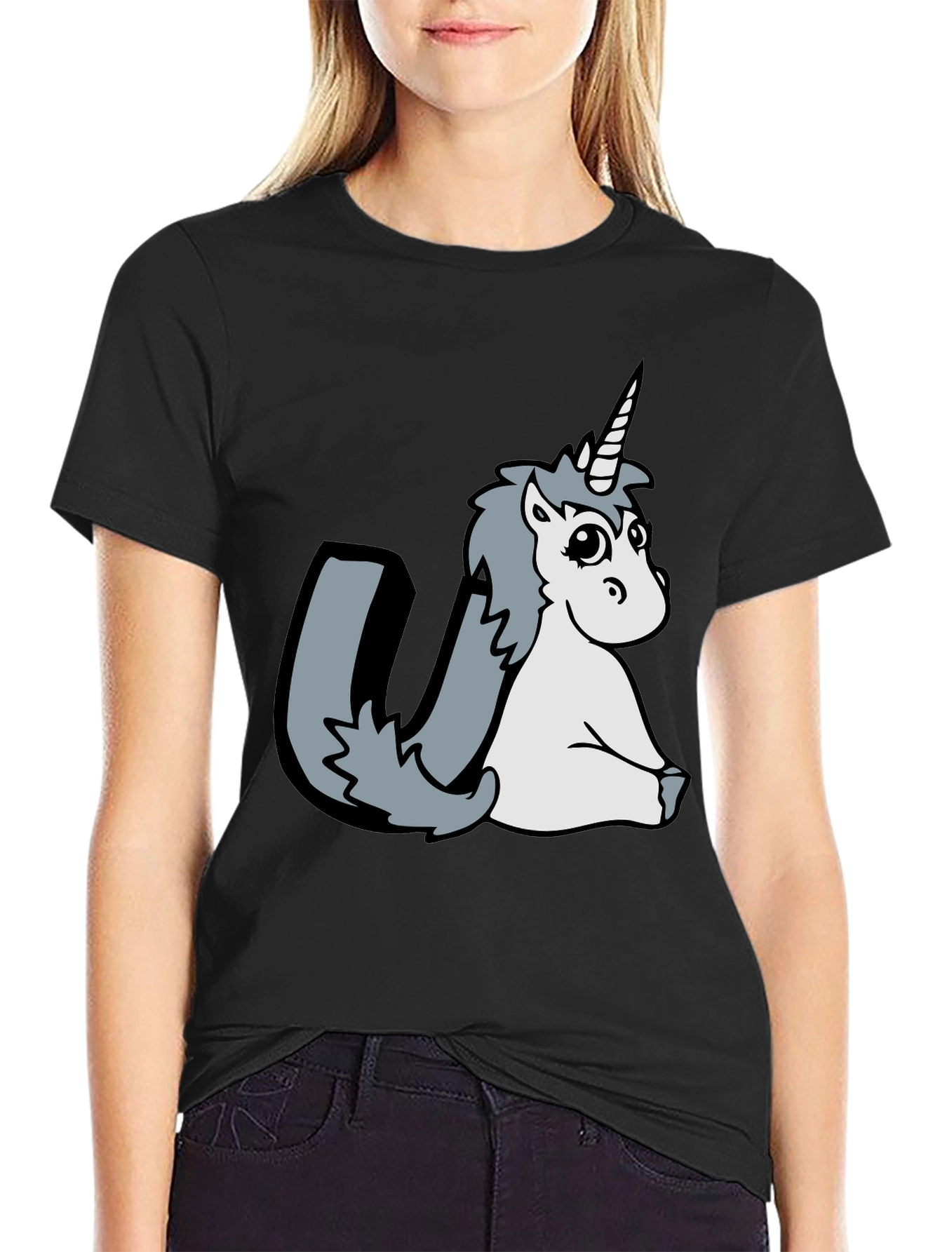Unicorn Graphic Tee - Black Cotton Blend T-Shirt