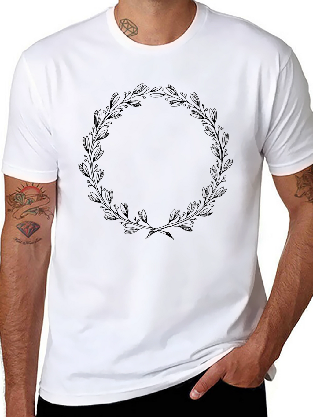 Black T-Shirt with Leaf Wreath Design