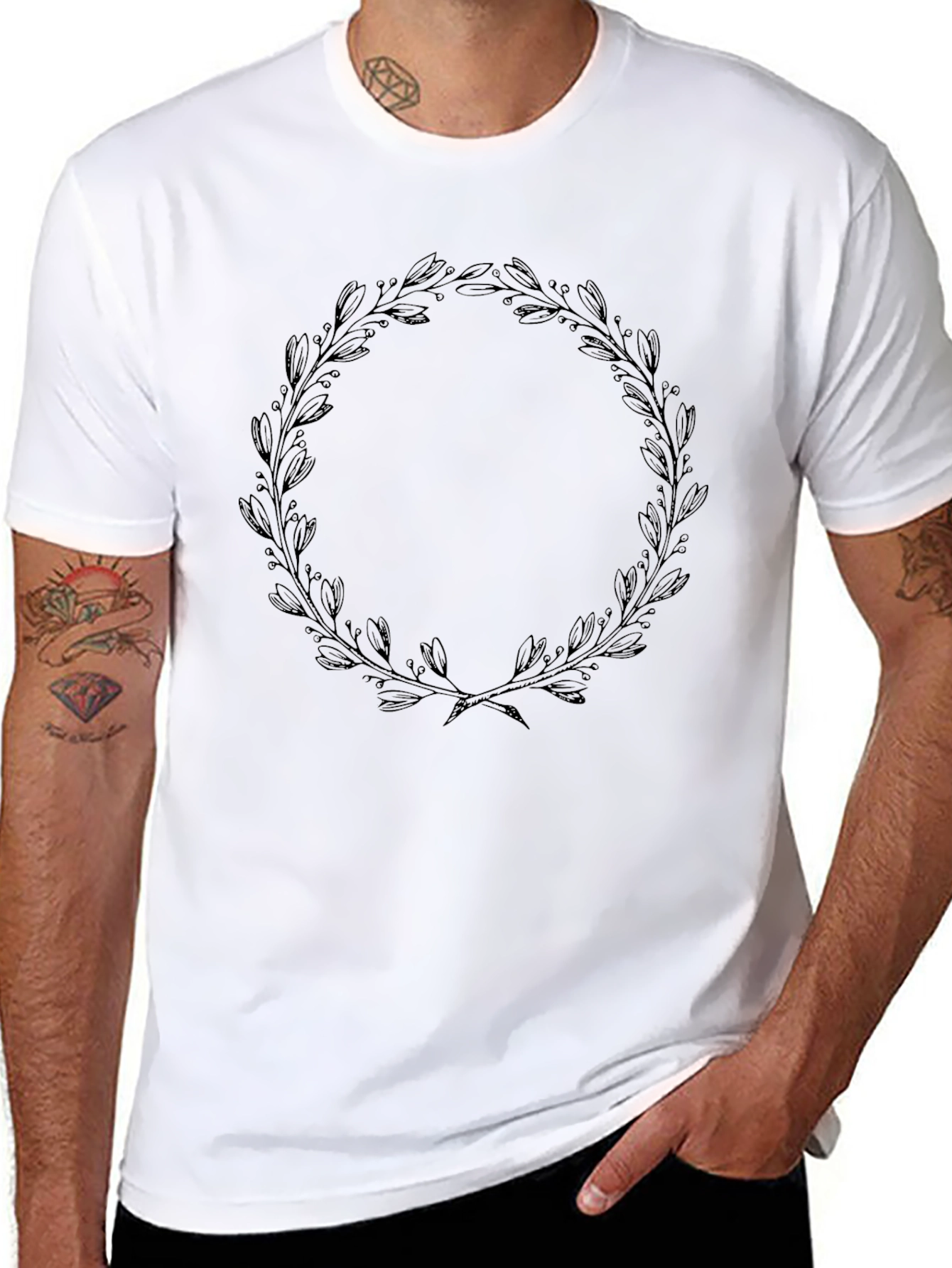 Black T-Shirt with Leaf Wreath Design