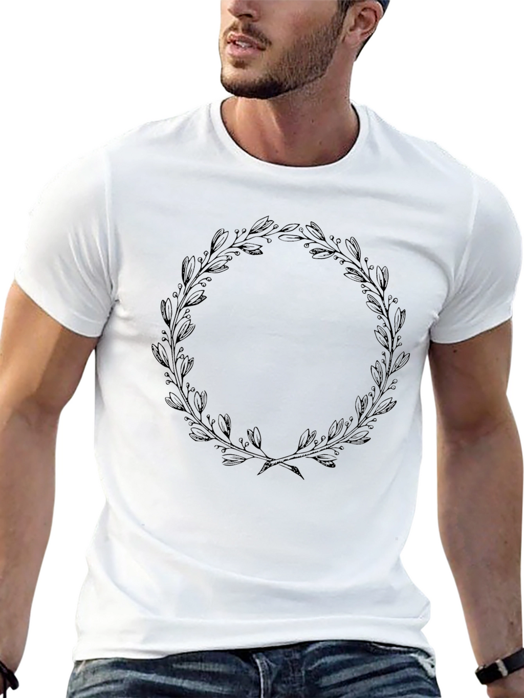 Black T-Shirt with Leaf Wreath Design