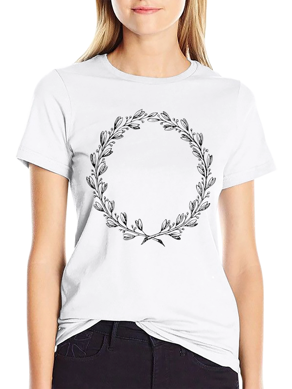 Black T-Shirt with Leaf Wreath Design