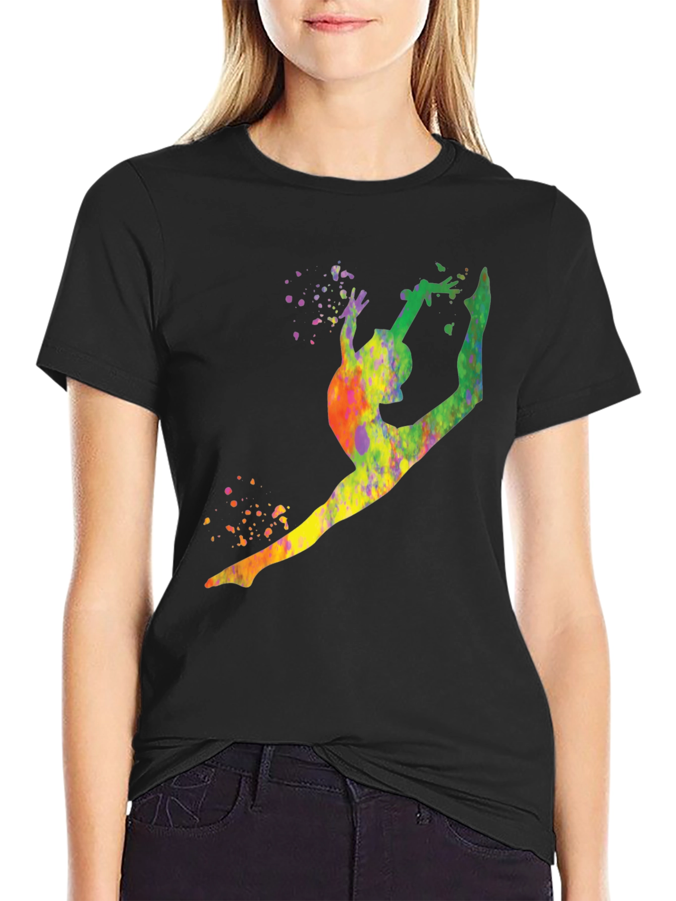 Gymnast Watercolor Splatter Black T-Shirt