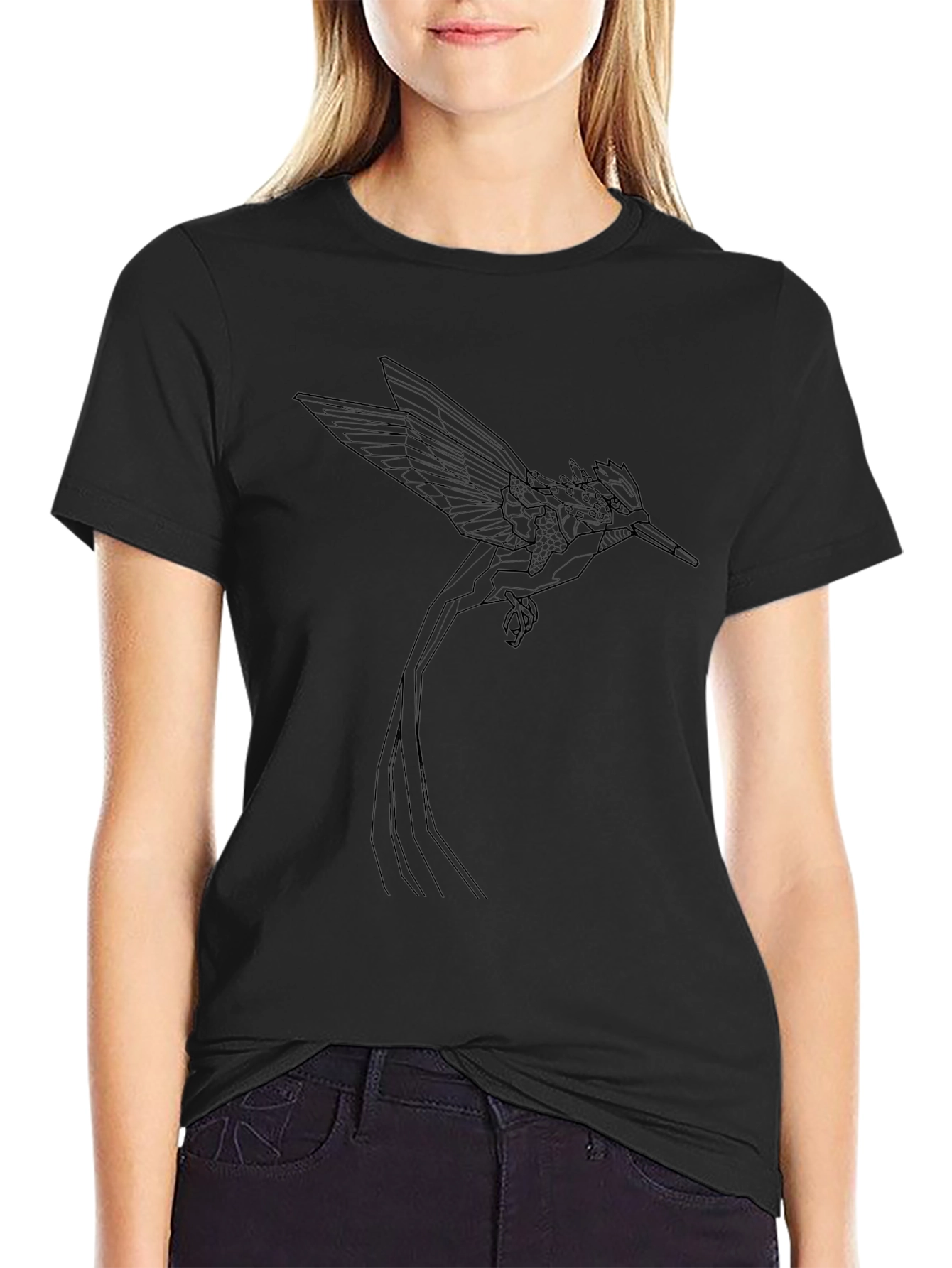 Geometric Hummingbird Graphic Tee - Black
