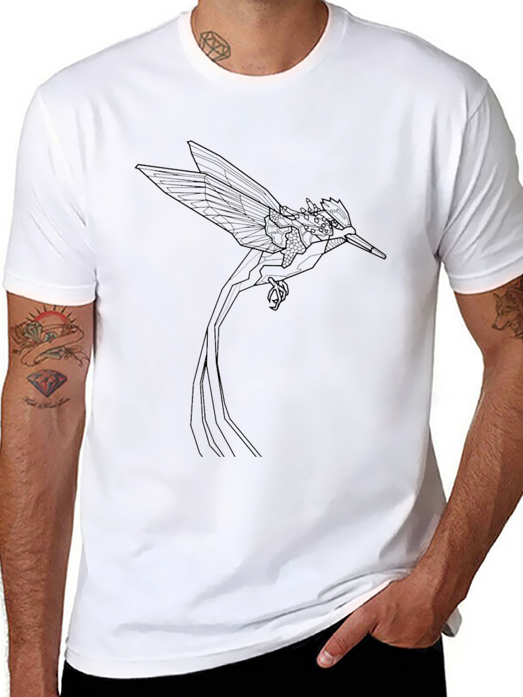 Geometric Hummingbird Graphic Tee - Black