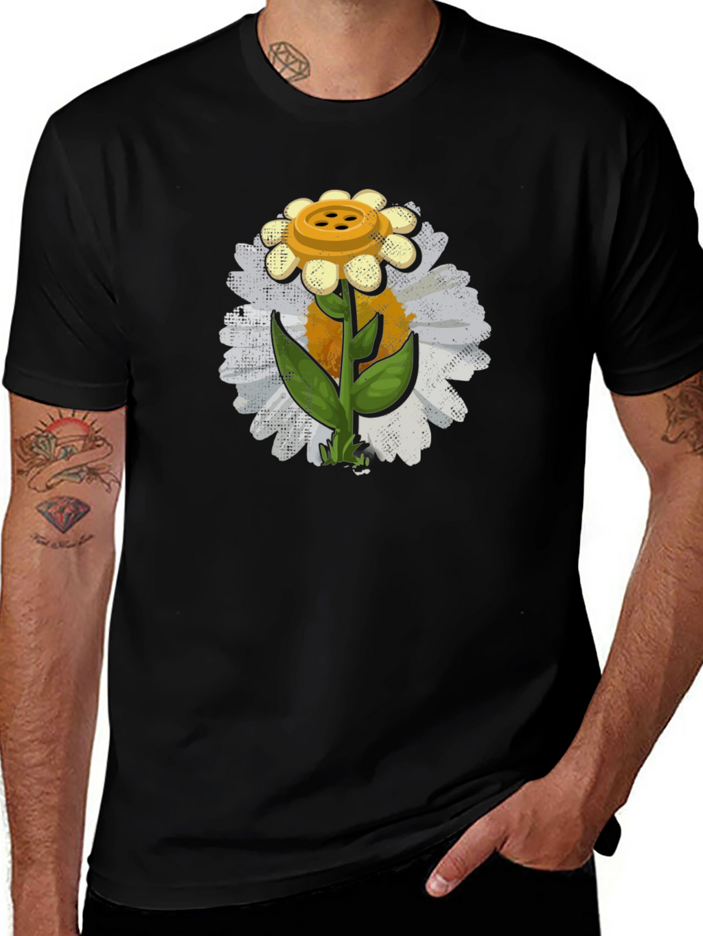 Button Daisy Graphic T-Shirt - Black