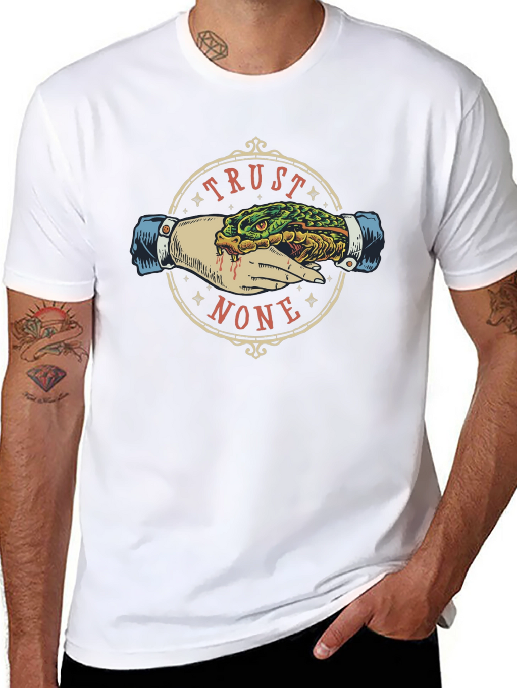 Trust None Graphic Tee - Snake Handshake Design