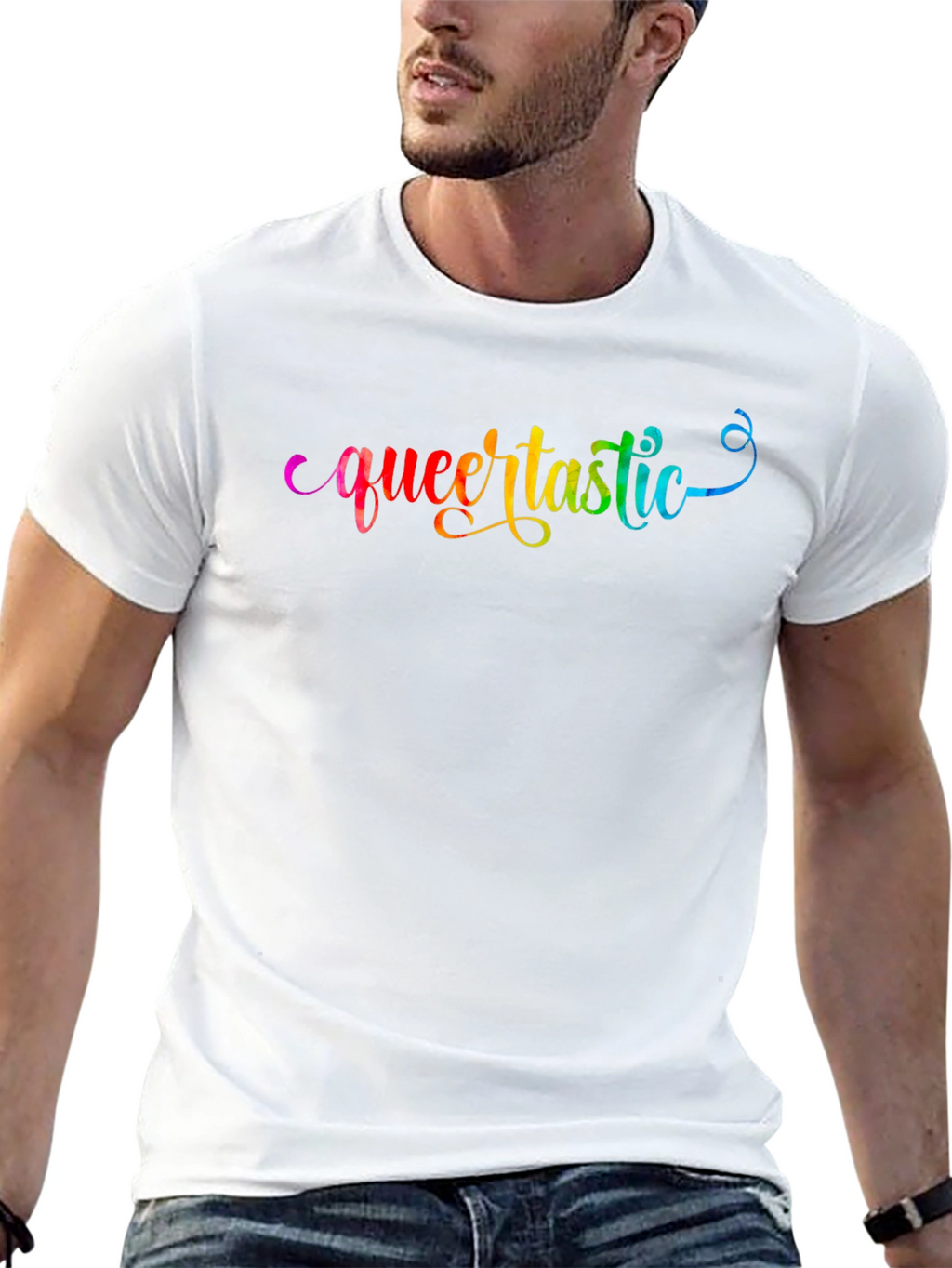 Queertastic Black T-Shirt - Pride Rainbow Text